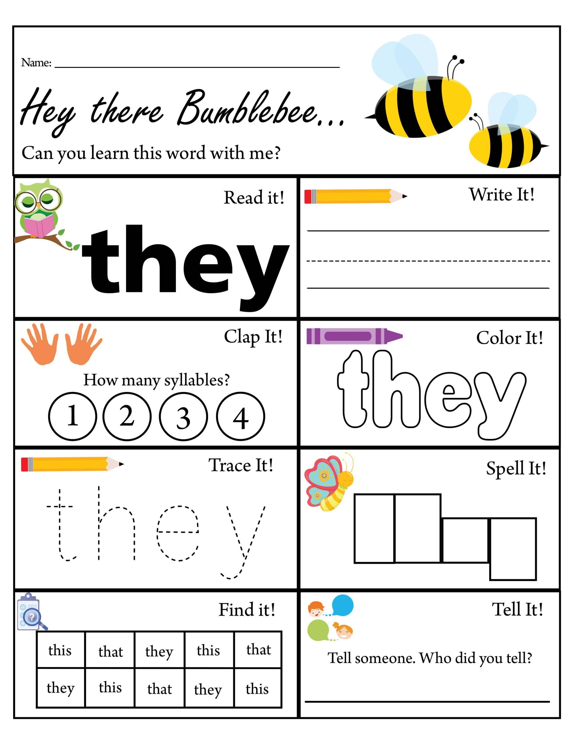 Kindergarten Sight Word They Worksheet Dolch Sight Words TPT
