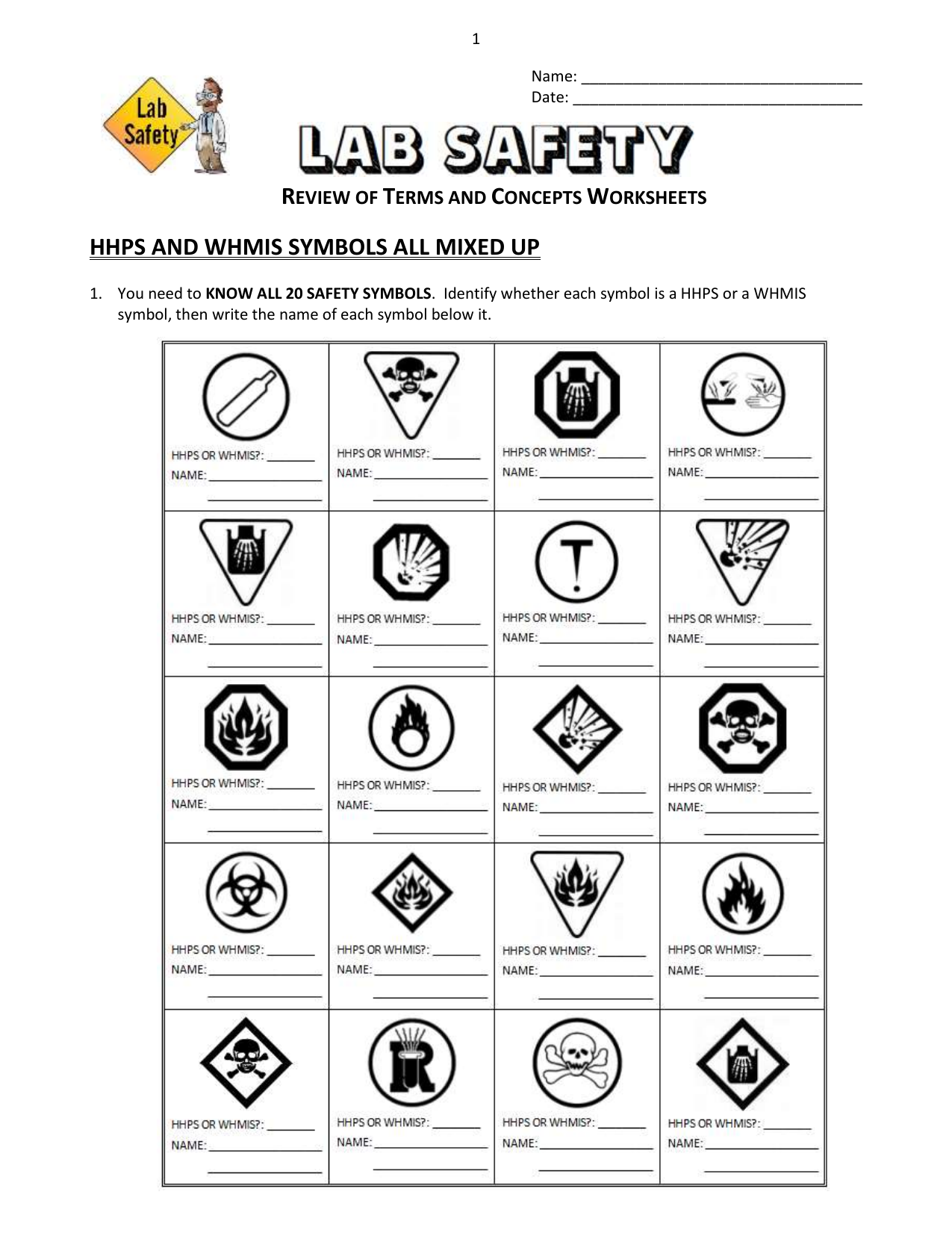Lab Safety Worksheet HHPS WHMIS Hazards Lab Safety Worksheet HHPS WHMIS Hazards