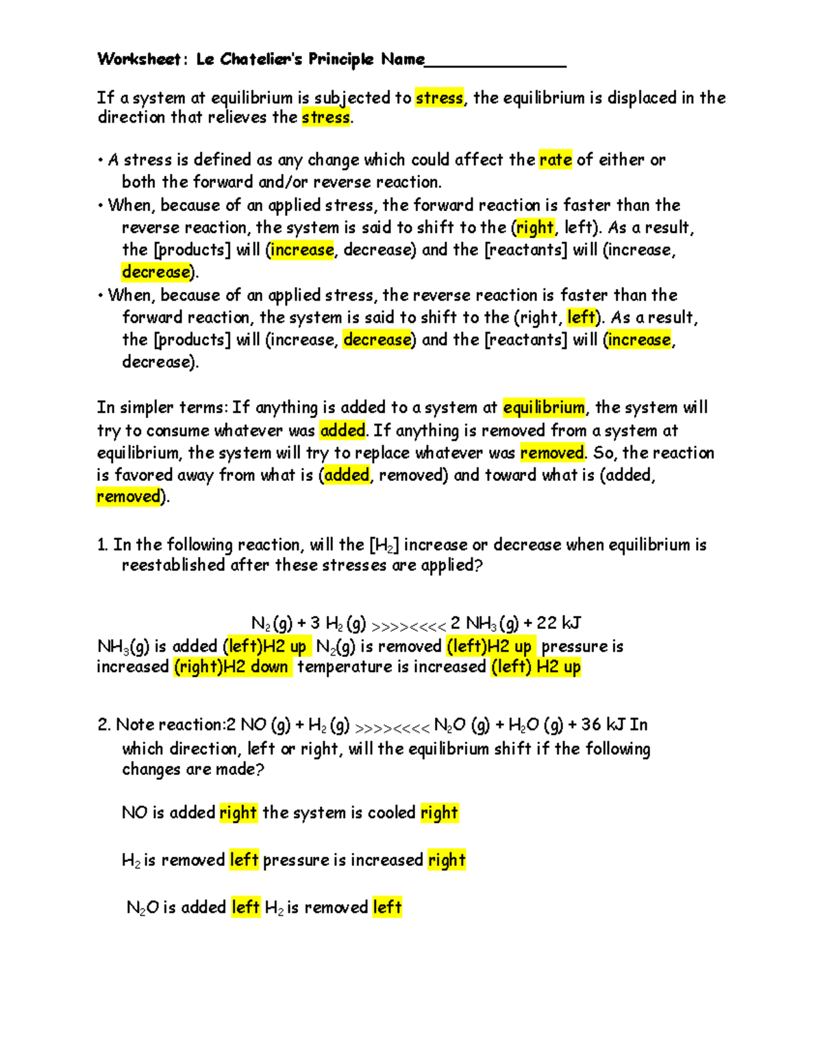 Le Chatelier s Principle Worksheet For Chemistry Class Studocu