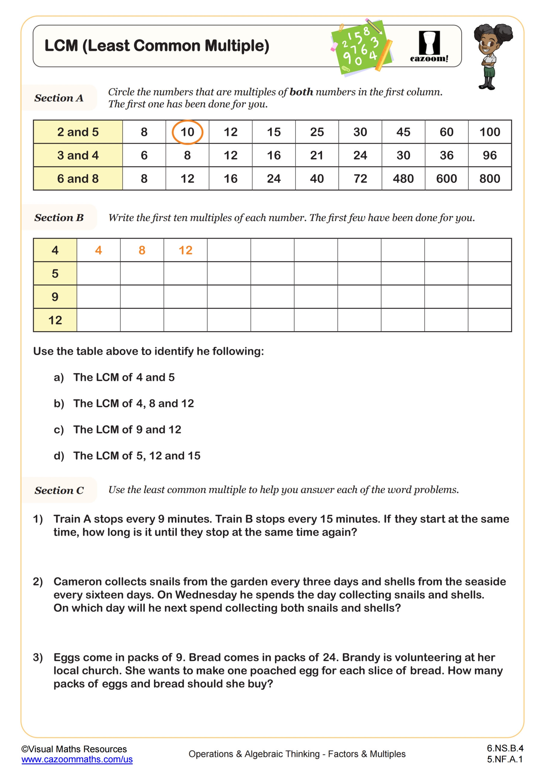 Least Common Multiple LCM Worksheet 6th Grade PDF Worksheets Cazoom Math