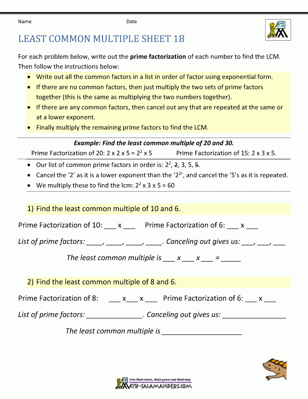 least common multiple worksheet