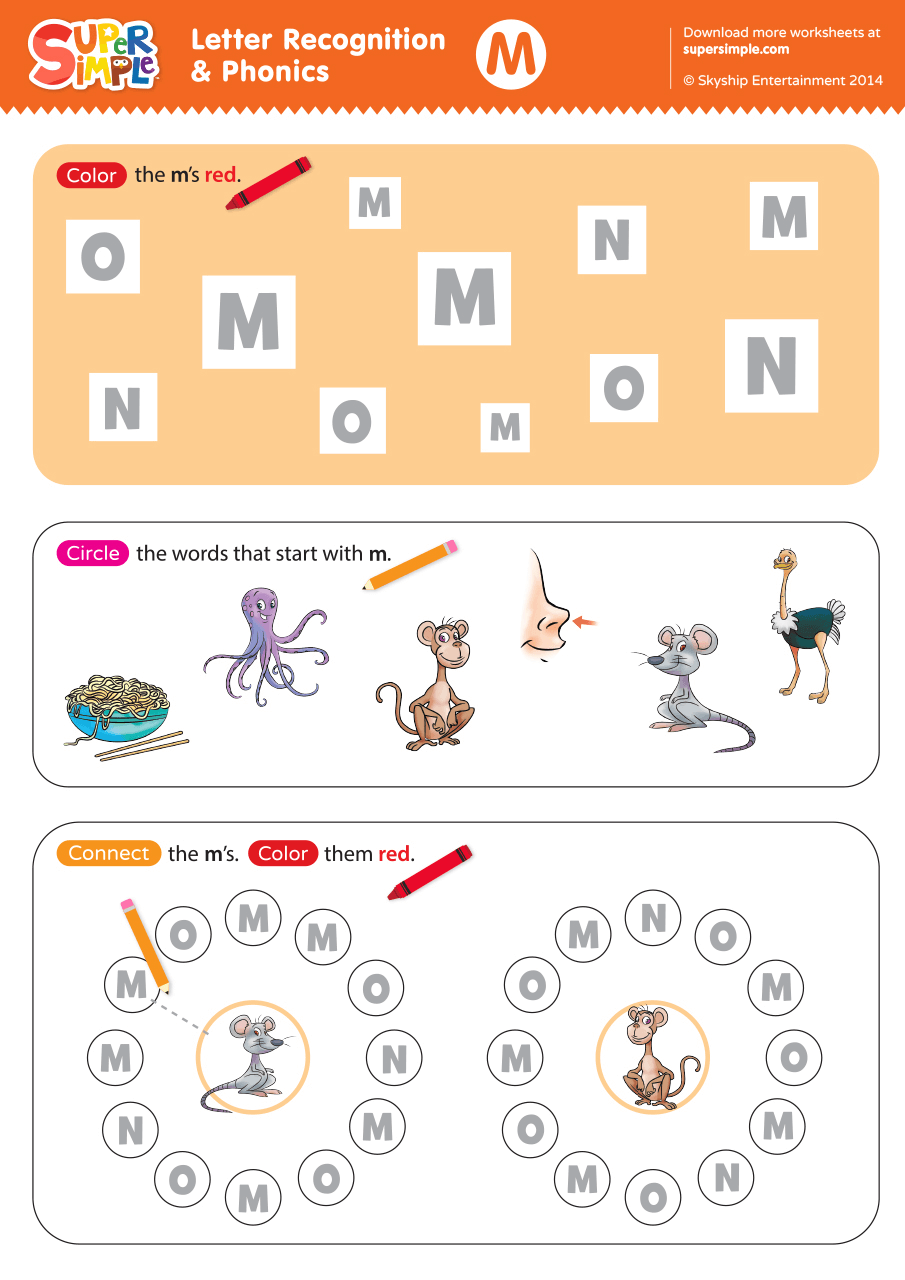 Letter Recognition Phonics Worksheet M Uppercase Super Simple