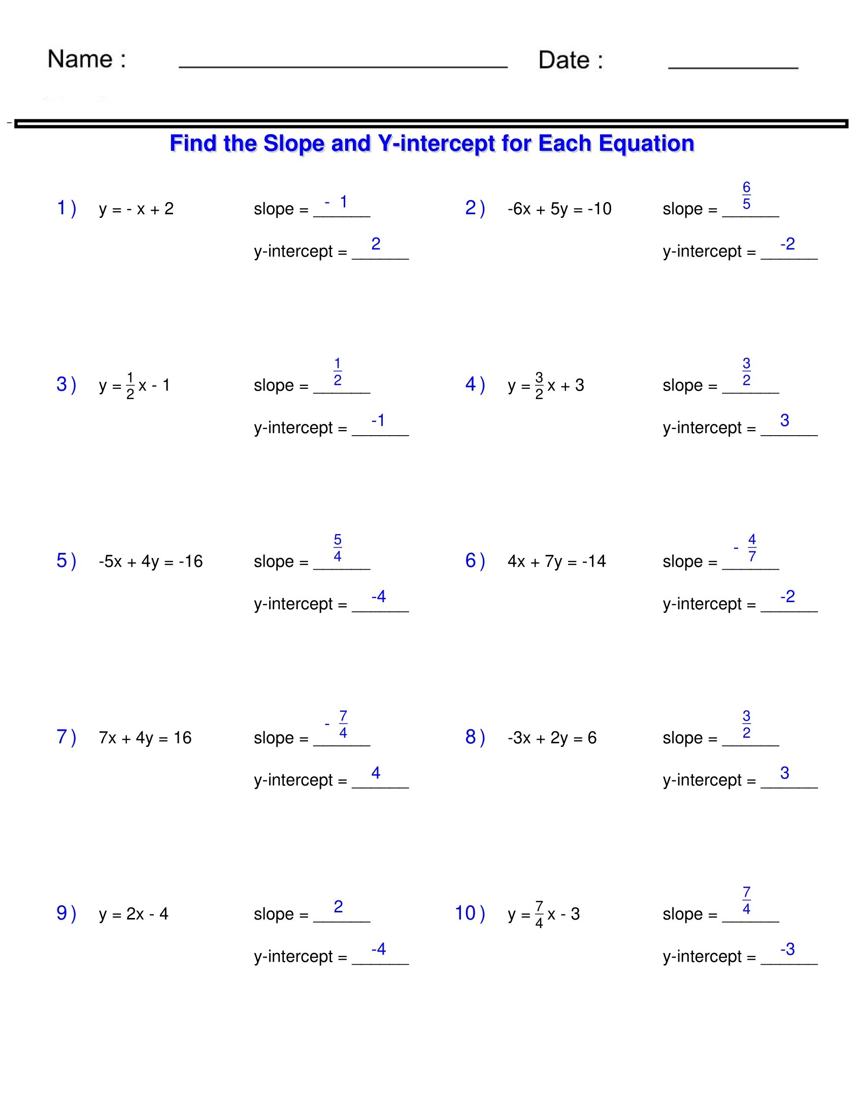 slope and slope intercept form worksheet