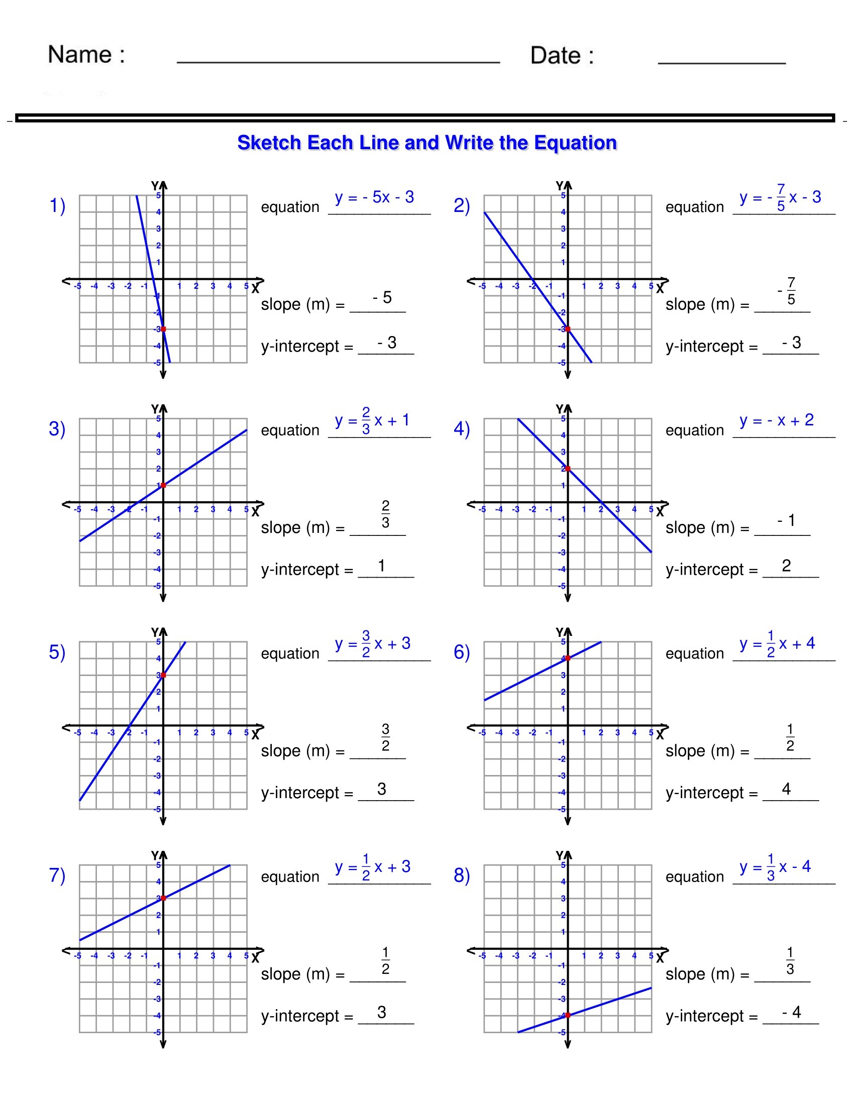 Linear Functions Graphing Lines In Slope Intercept Form Worksheets Sketch Th Made By Teachers