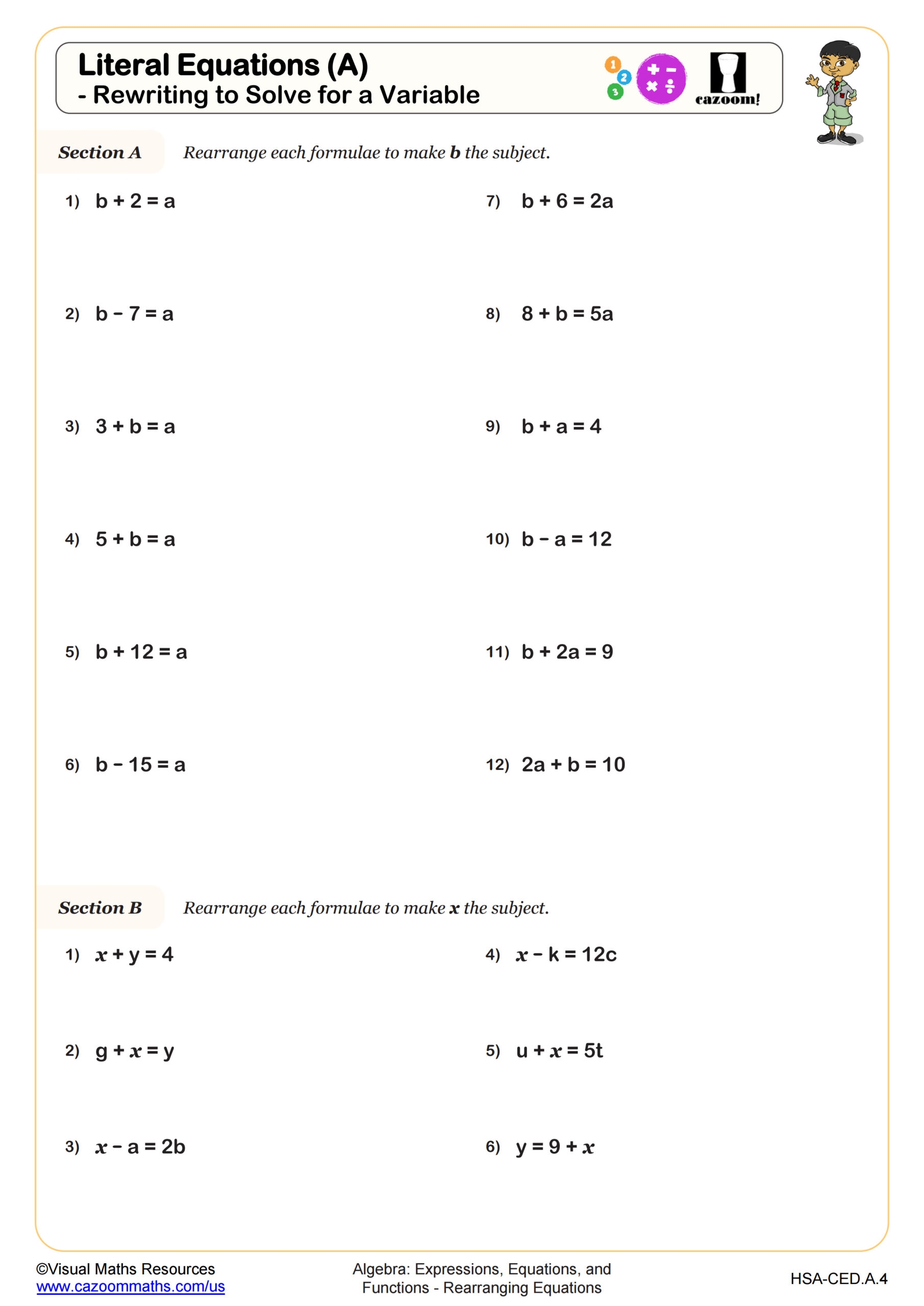 Literal Equations A Rewriting To Solve For A Variable Worksheet Algebra I PDF Worksheets Cazoom Math