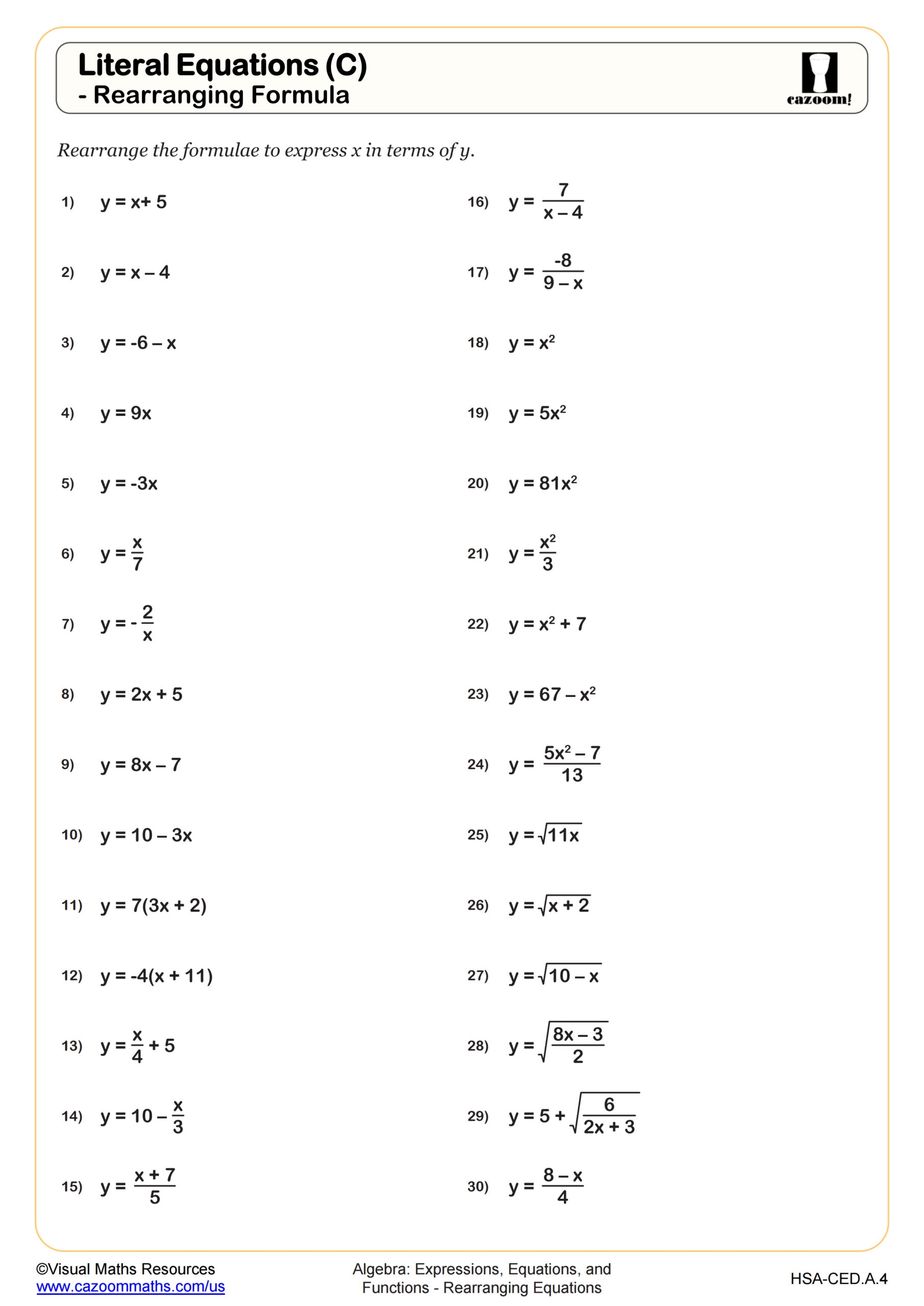 Literal Equations C Rearranging Formula Worksheet Fun And Engaging Algebra I PDF Worksheets Cazoom Math