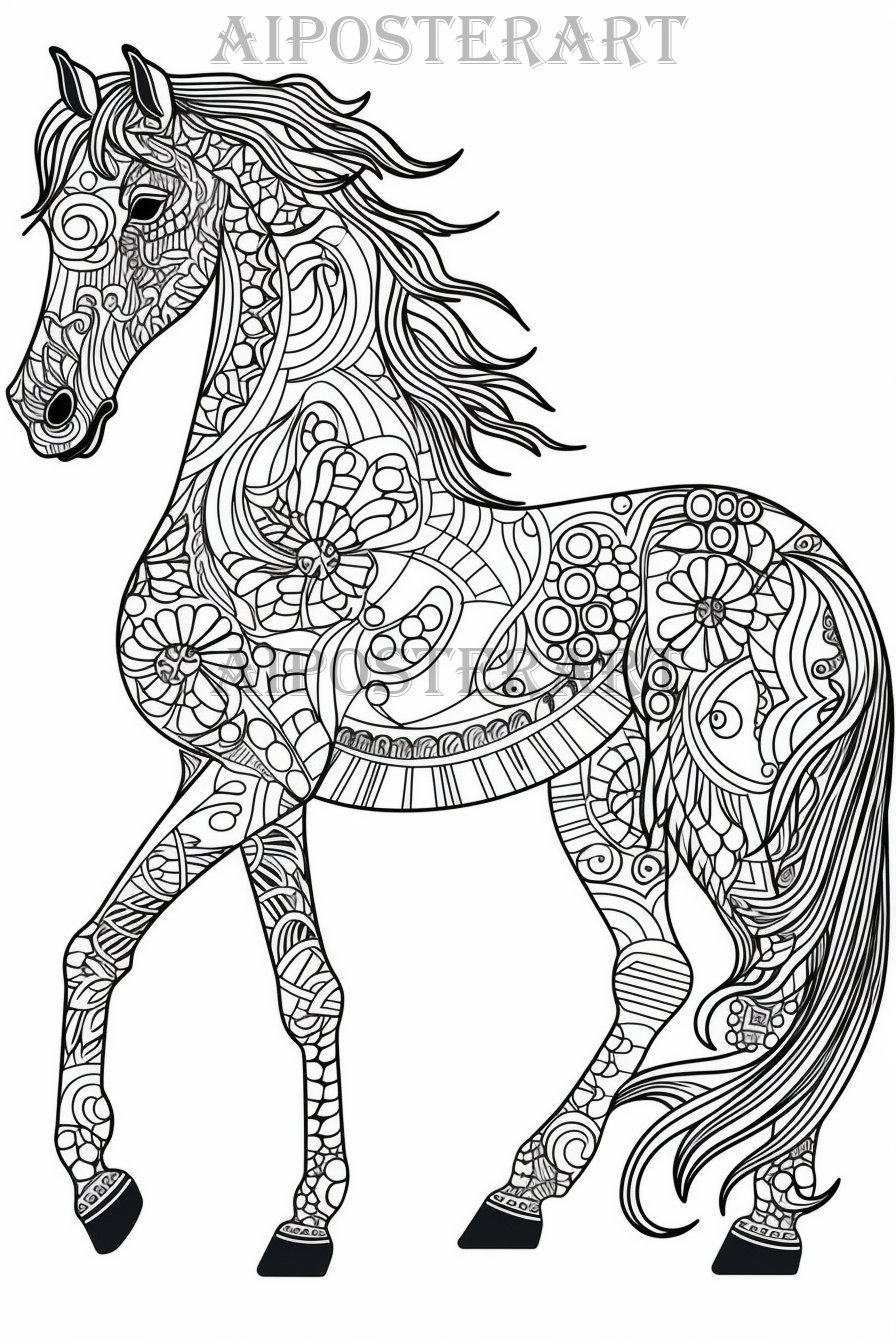 Mandala Horse Coloring Page For Adults Printable Coloring Sheet Patterned Horse Coloring Image High Res 5376x8064 Detailed Horse Etsy