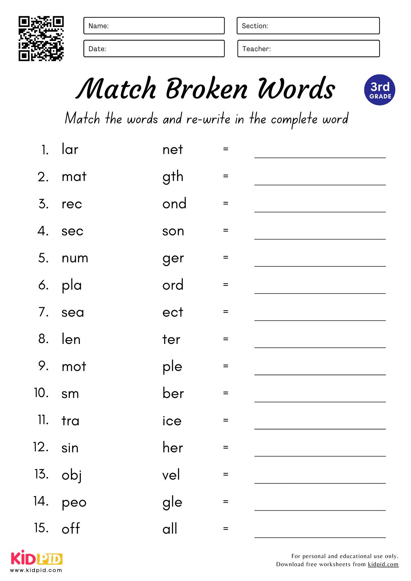 Match Complete The Words Worksheet For Grade 3 Kidpid Match Complete The Words Worksheet For Grade 3 Kidpid