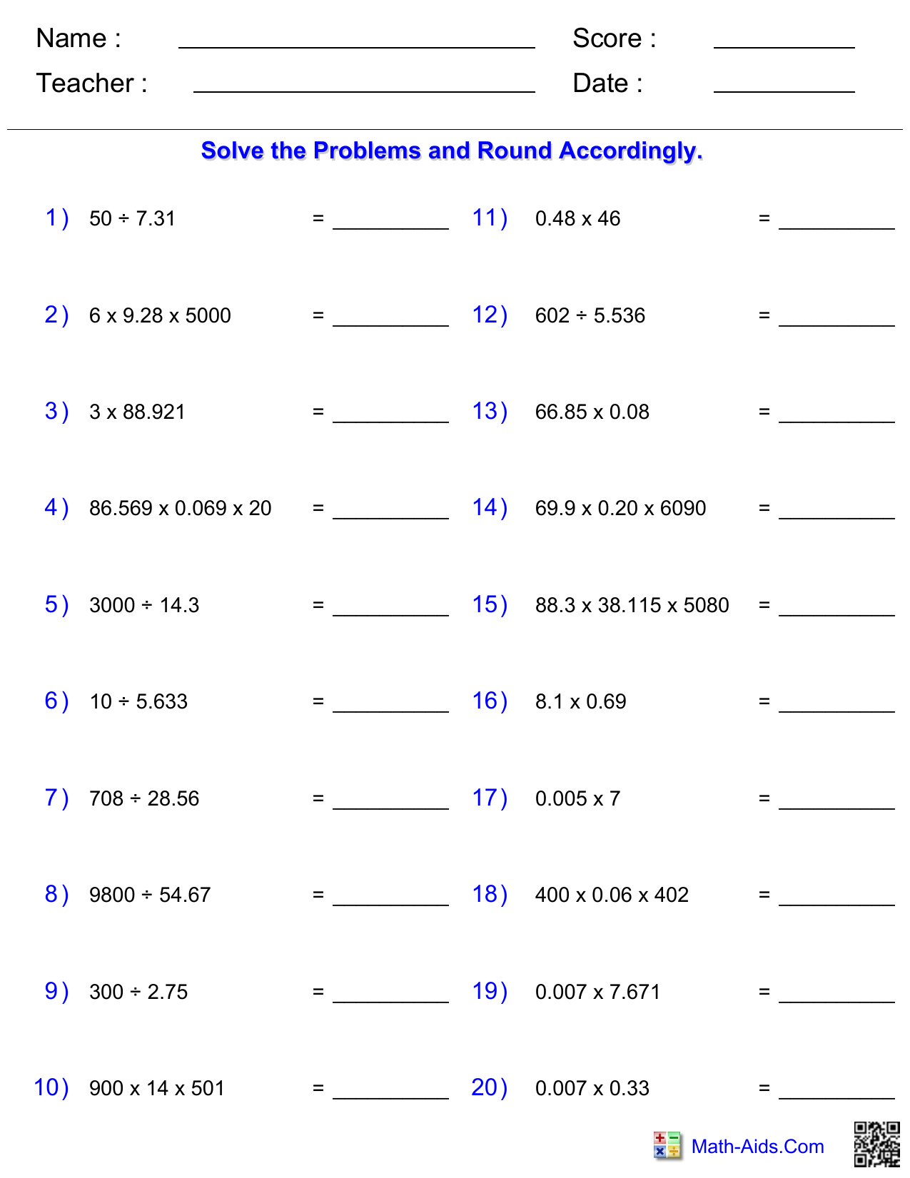 Math Worksheet Division Multiplication Decimals