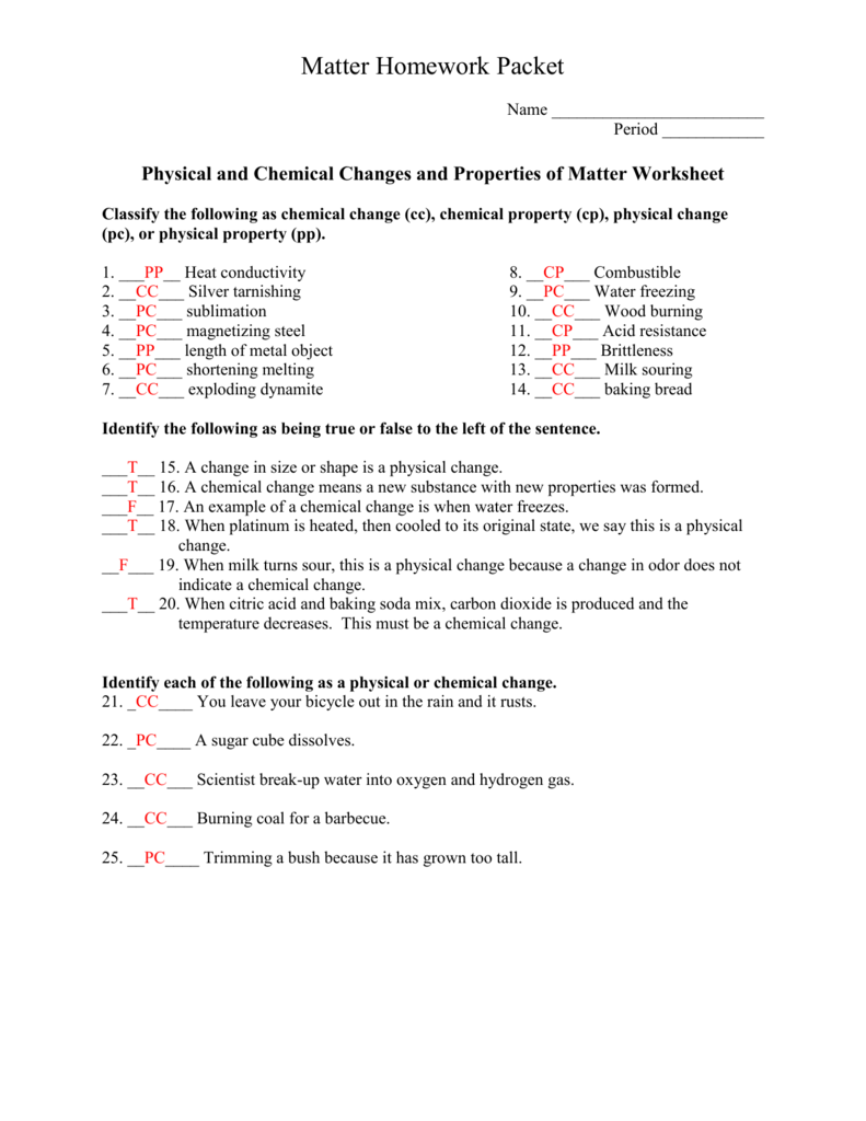 Matter Physical Chemical Changes Worksheet Matter Physical Chemical Changes Worksheet