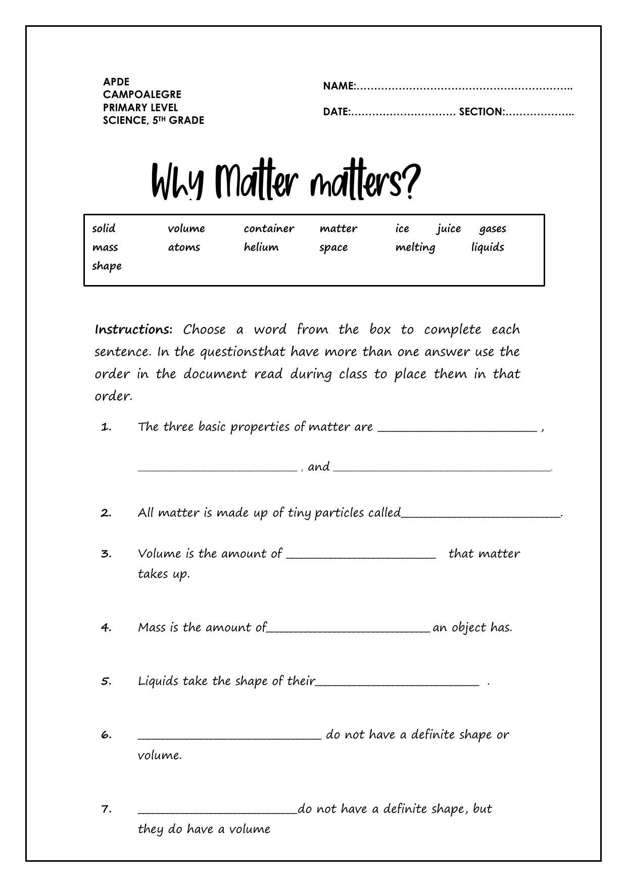 Matter Properties Worksheet For 5th Grade