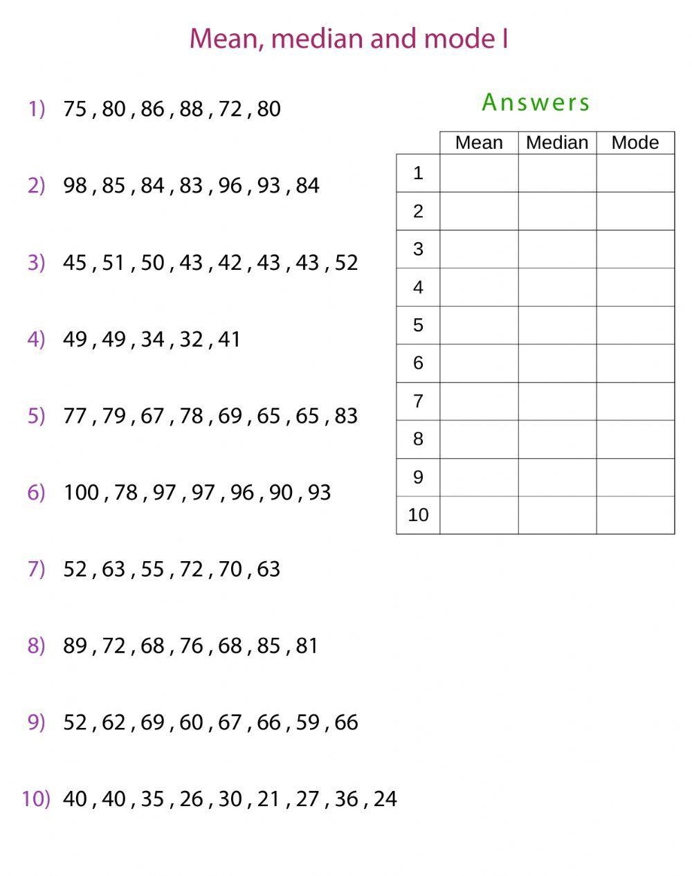 worksheet about mean median mode