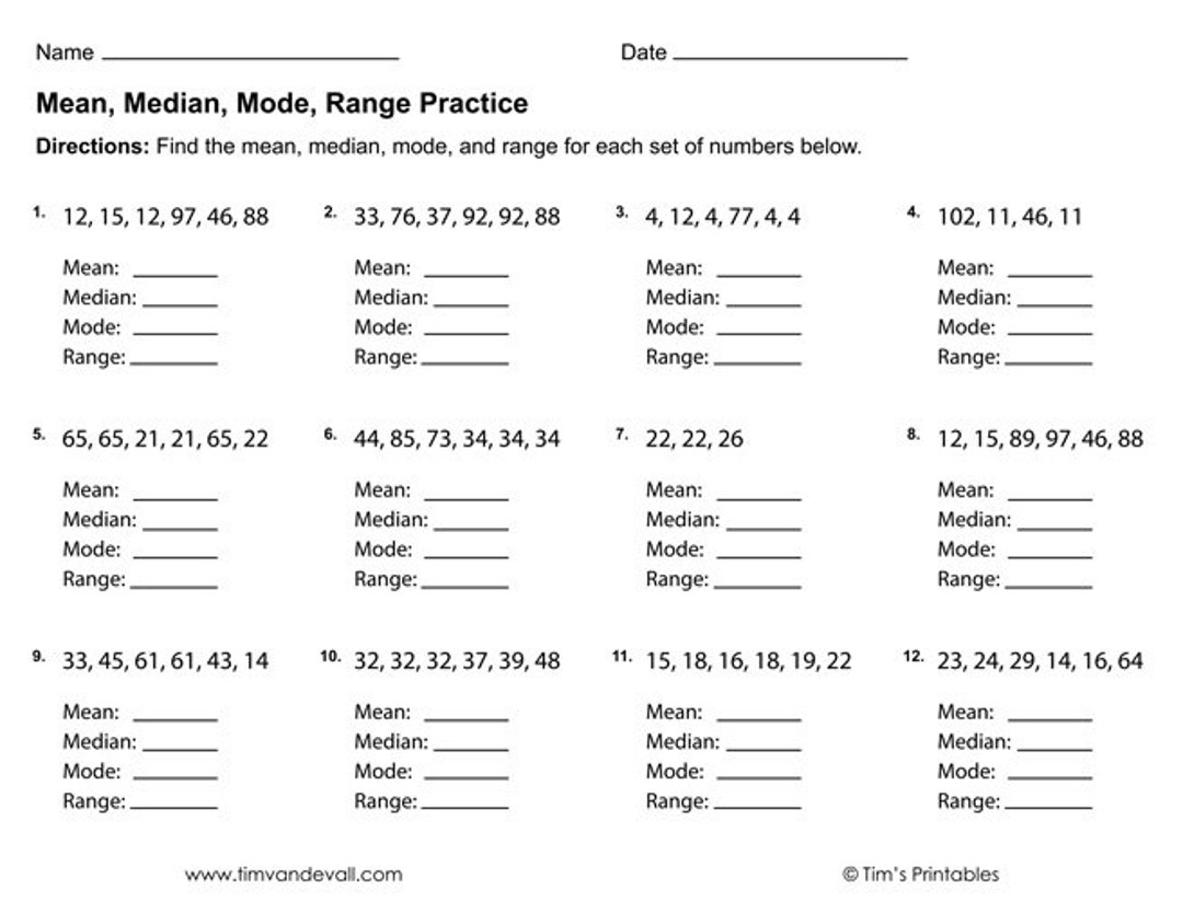 Mean Median Mode Range Worksheets PDF 3 Printable Worksheets Etsy Finland