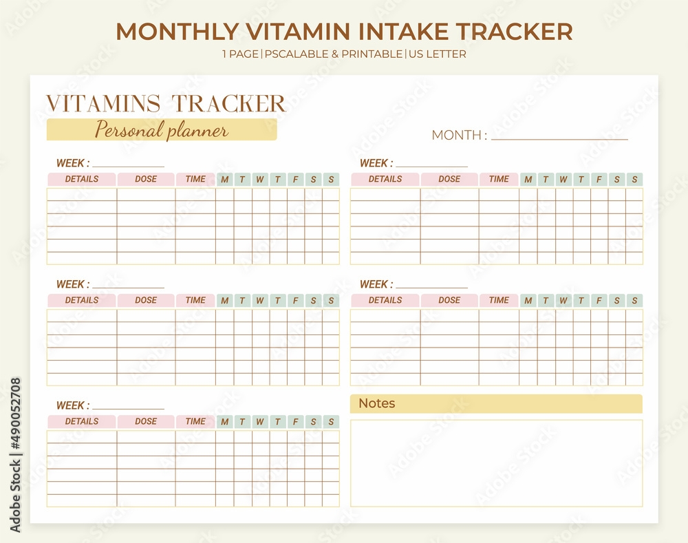 Minimalistic Monthly Printable Vitamin And Supplement Intake Tracker Template Weekly Monthly Daily Medication Tracking Log Vector Horizontal Template Stock Vector Adobe Stock