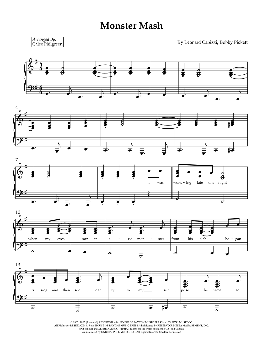 Monster Mash arr Calee Philgreen By Bobby Pickett Sheet Music For Piano Solo At Sheet Music Direct