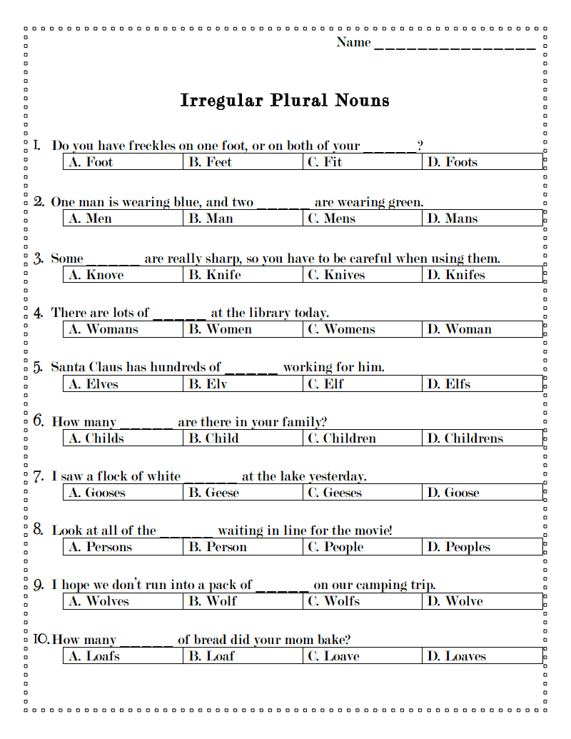 irregular plural nouns worksheet