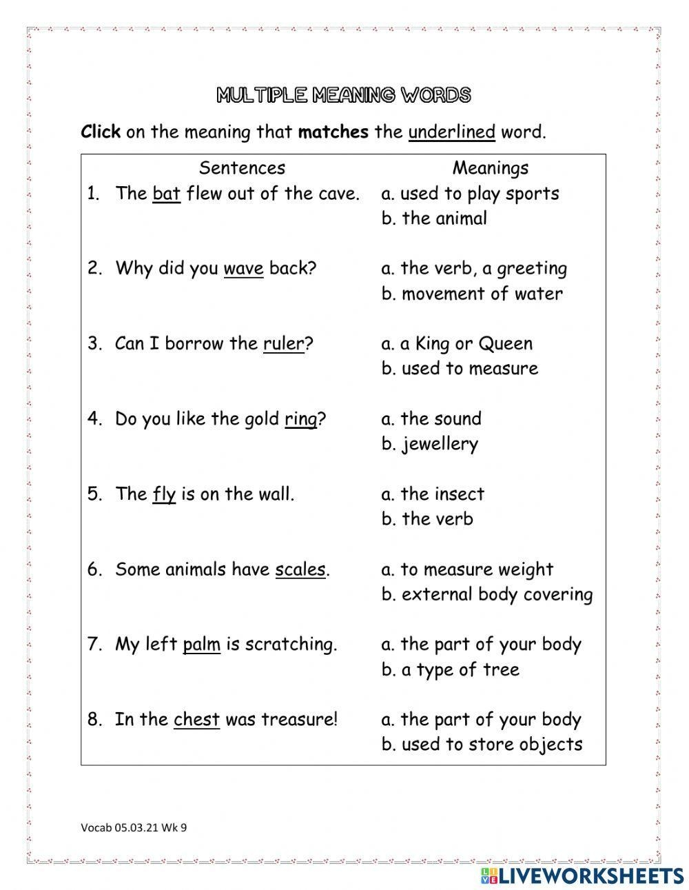 Multiple Meaning Words Online Activity Worksheets Library