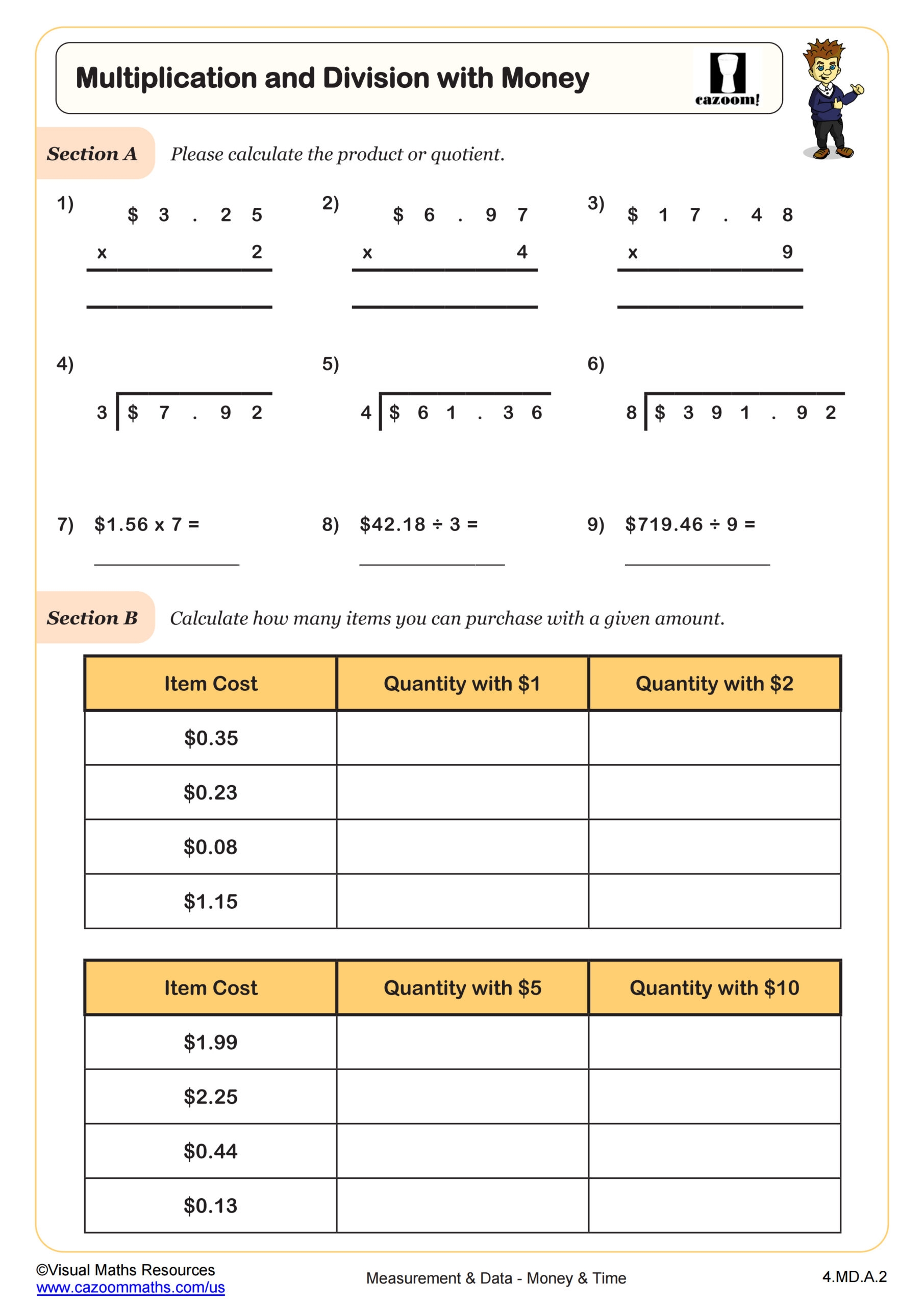 Multiplication Division With Money Worksheet PDF Printable Measurement Data Worksheet Cazoom Math