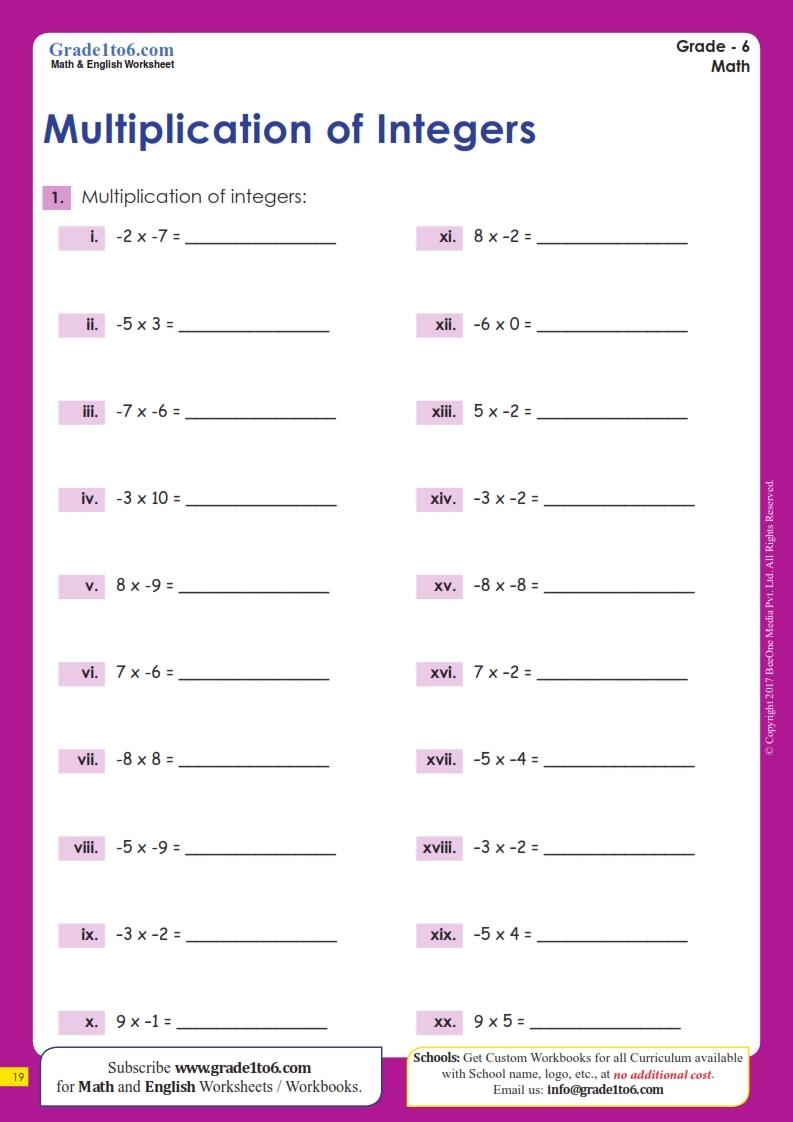 Multipliying Integers Worksheets Grade 6 updated June 2022 