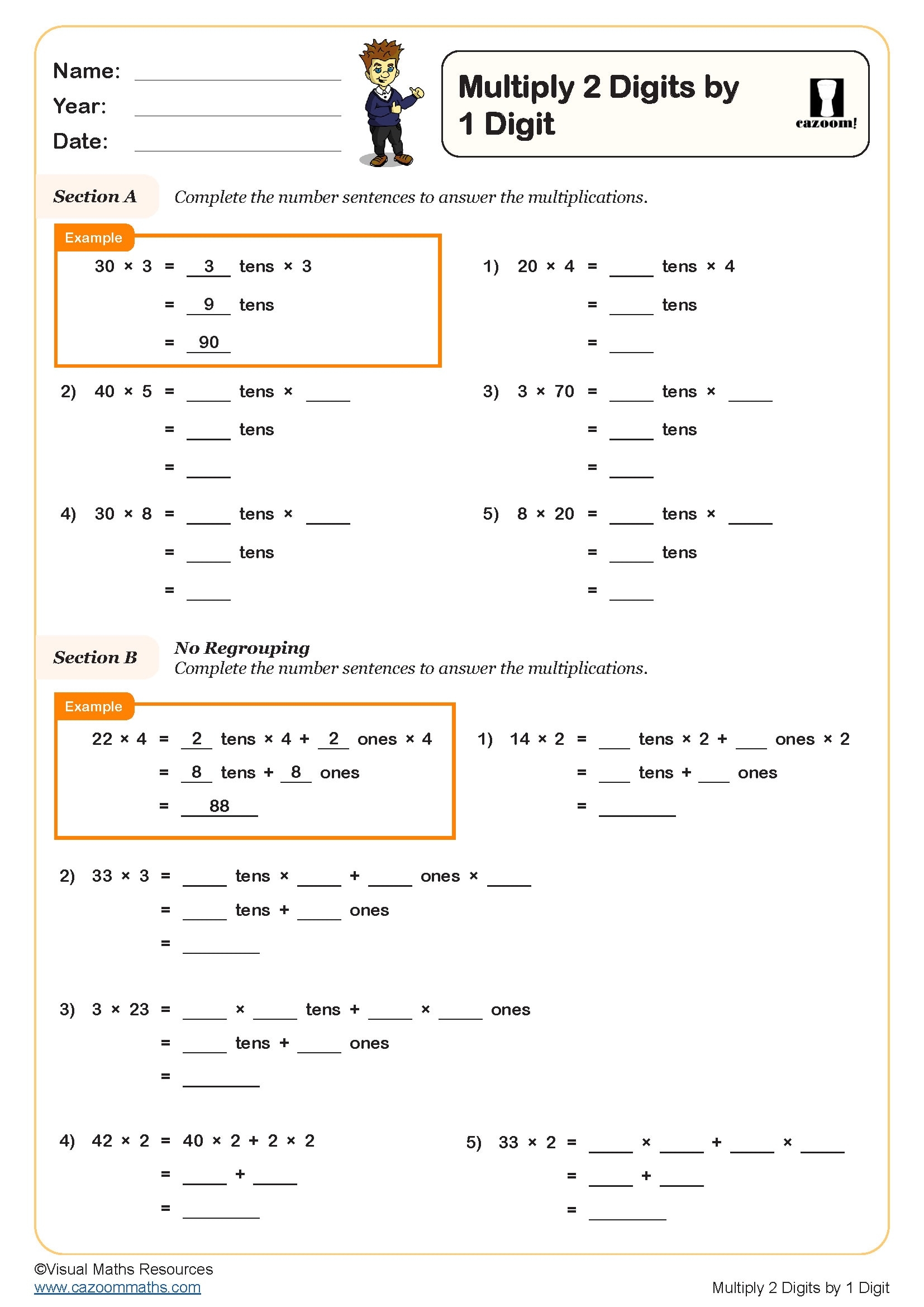 Multiply 2 Digits By 1 Digit Worksheet PDF Printable Number Worksheets