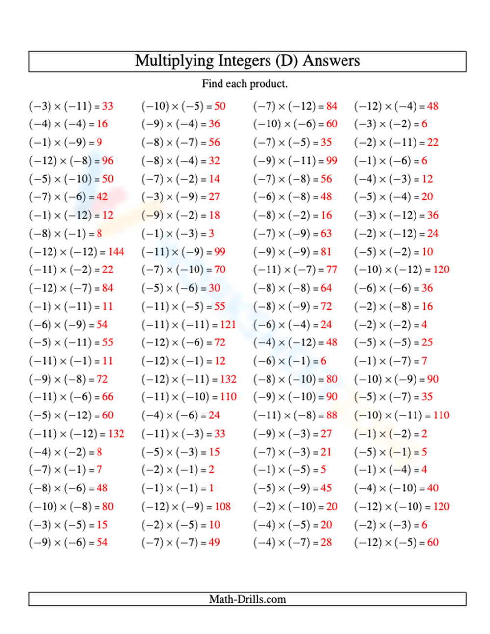 Multiply Integers Practice Range 12 To 1 Worksheet