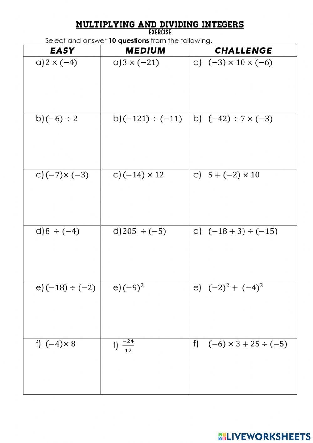 Multiplying And Dividing Integers Interactive Exercise Live Worksheets Library