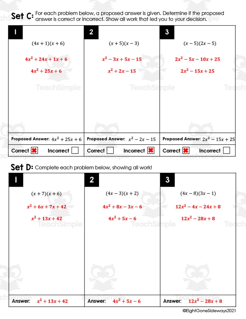 Multiplying Binomials Leveled Checking Worksheet By Teach Simple