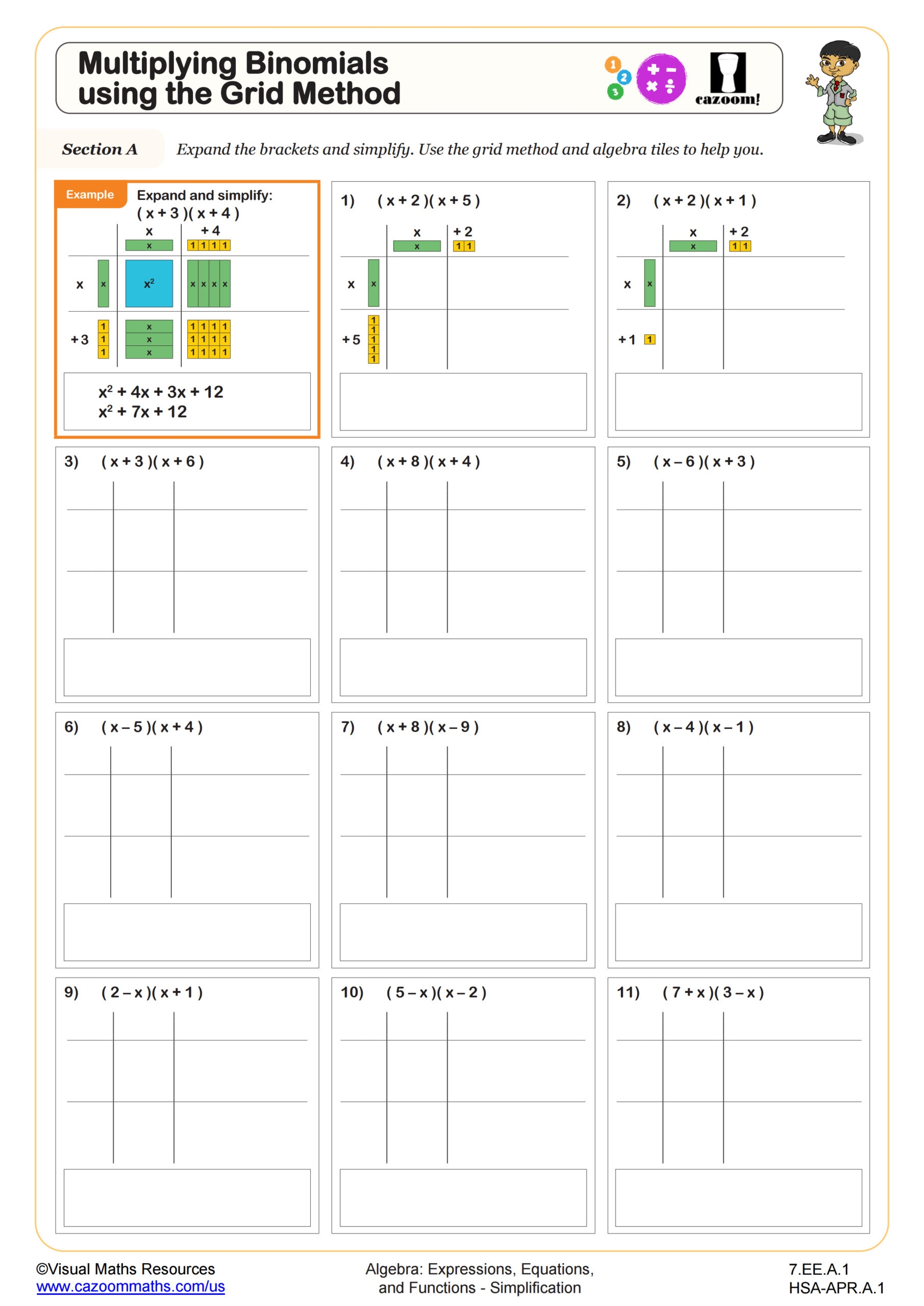 Multiplying Binomials Using The Grid Method Worksheet 7th Grade PDF Worksheets Cazoom Math