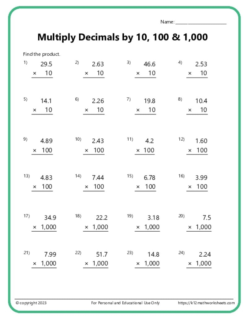 Multiplying Decimals Worksheets
