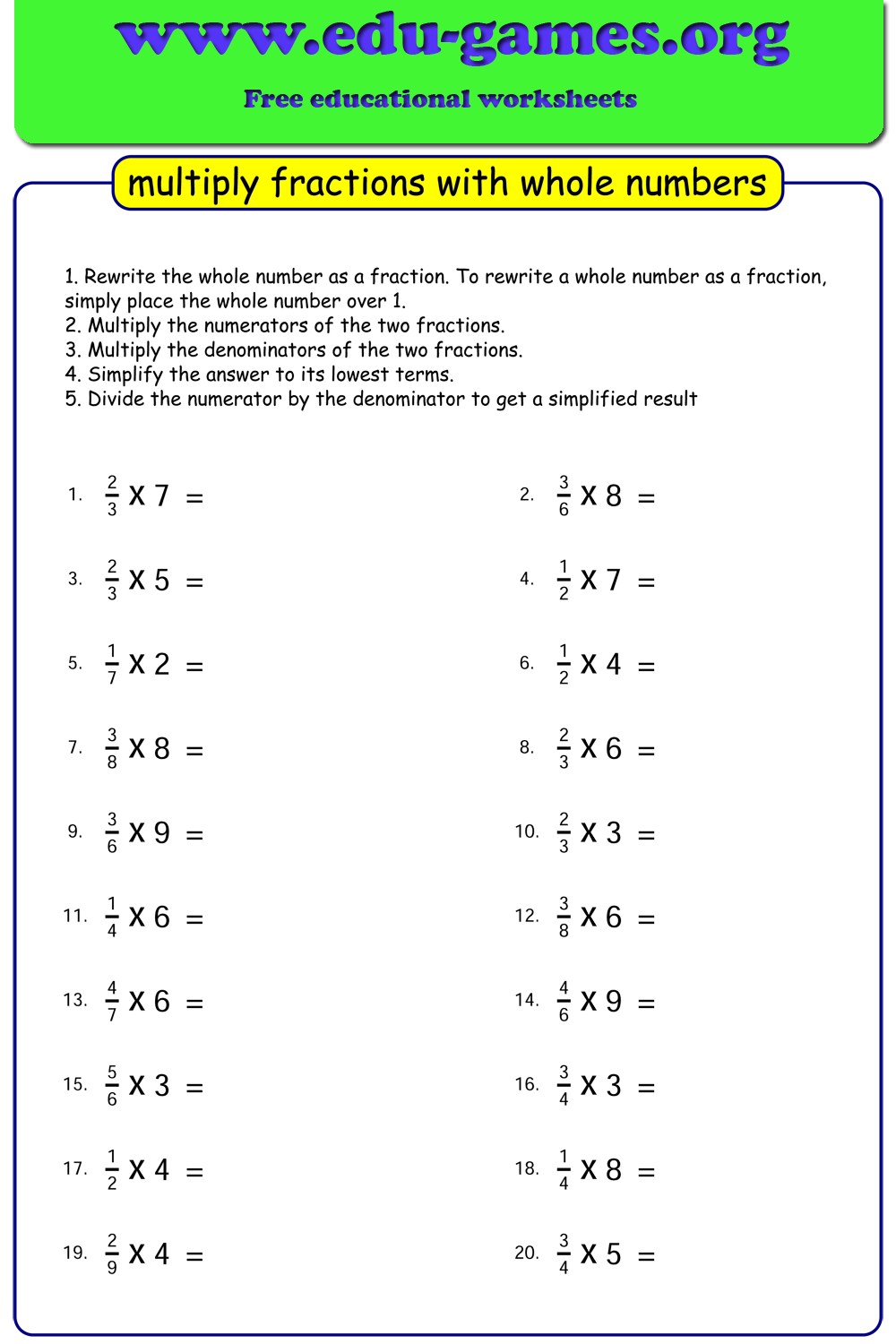 Multiplying Fractions By Whole Numbers Worksheets Free Printable PDFs Edu Games