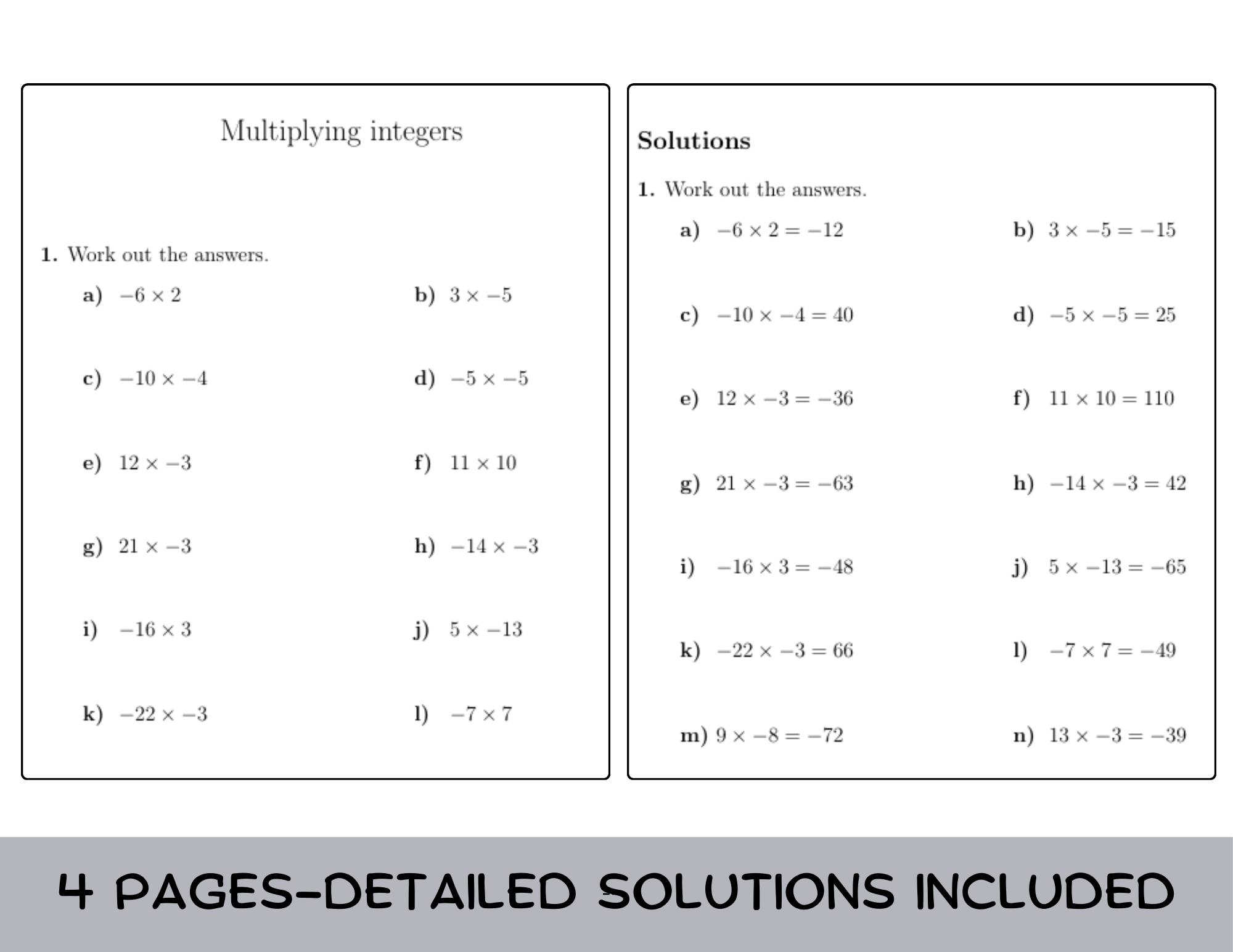 Multiplying Integers Worksheet with Solutions Teaching Resources
