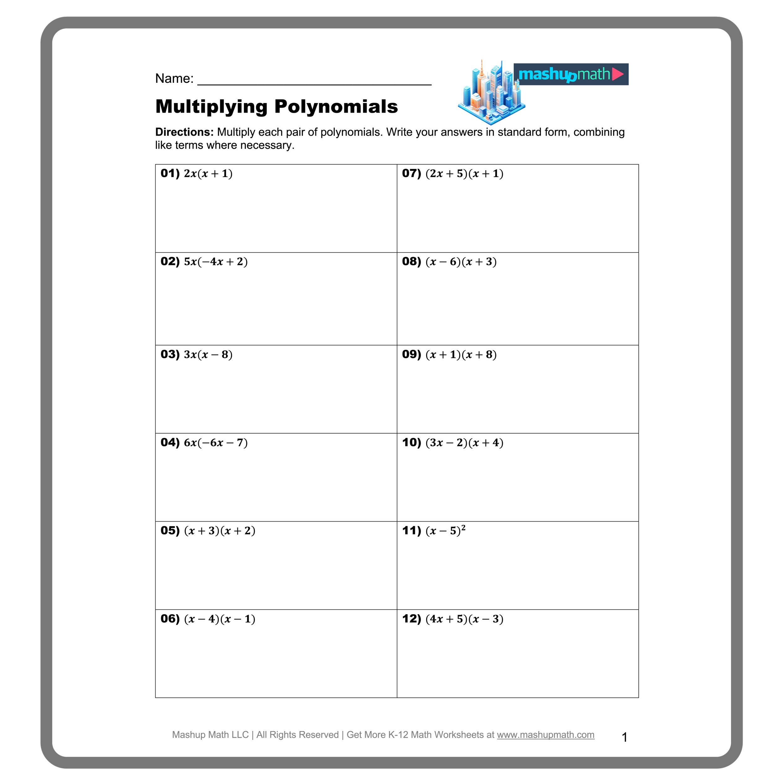 Multiplying Polynomials Worksheets Printable With Answers Mashup Math