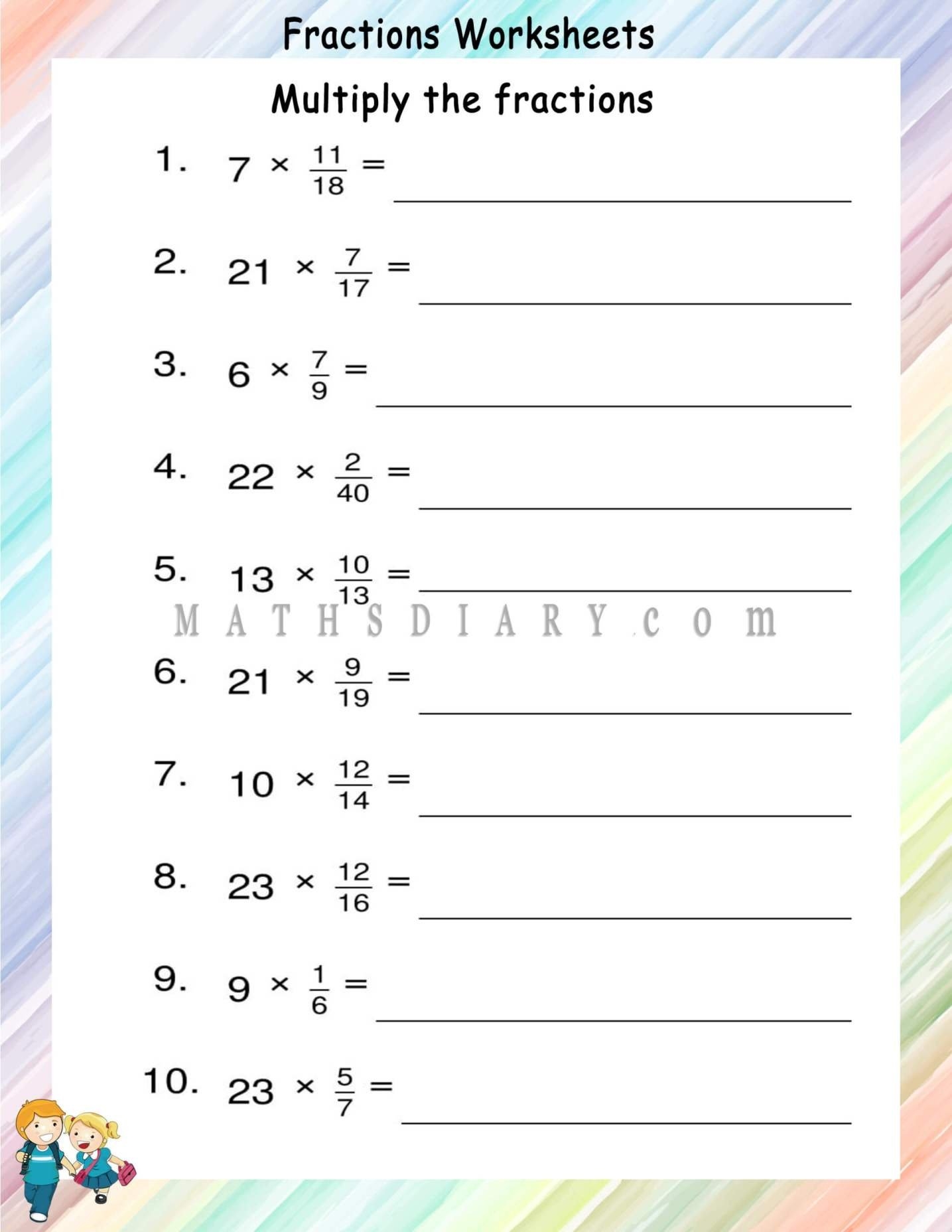 multiplying fractions and whole numbers worksheet