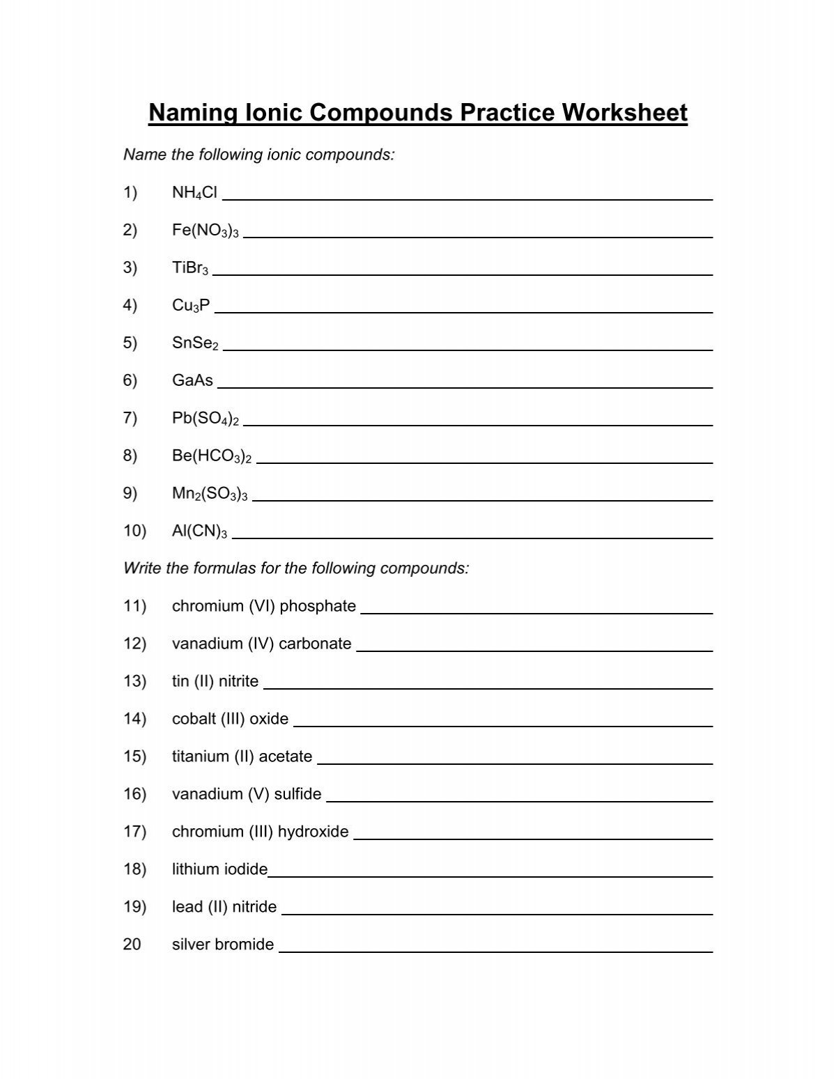 Naming Ionic Compounds Practice Worksheet Solutions