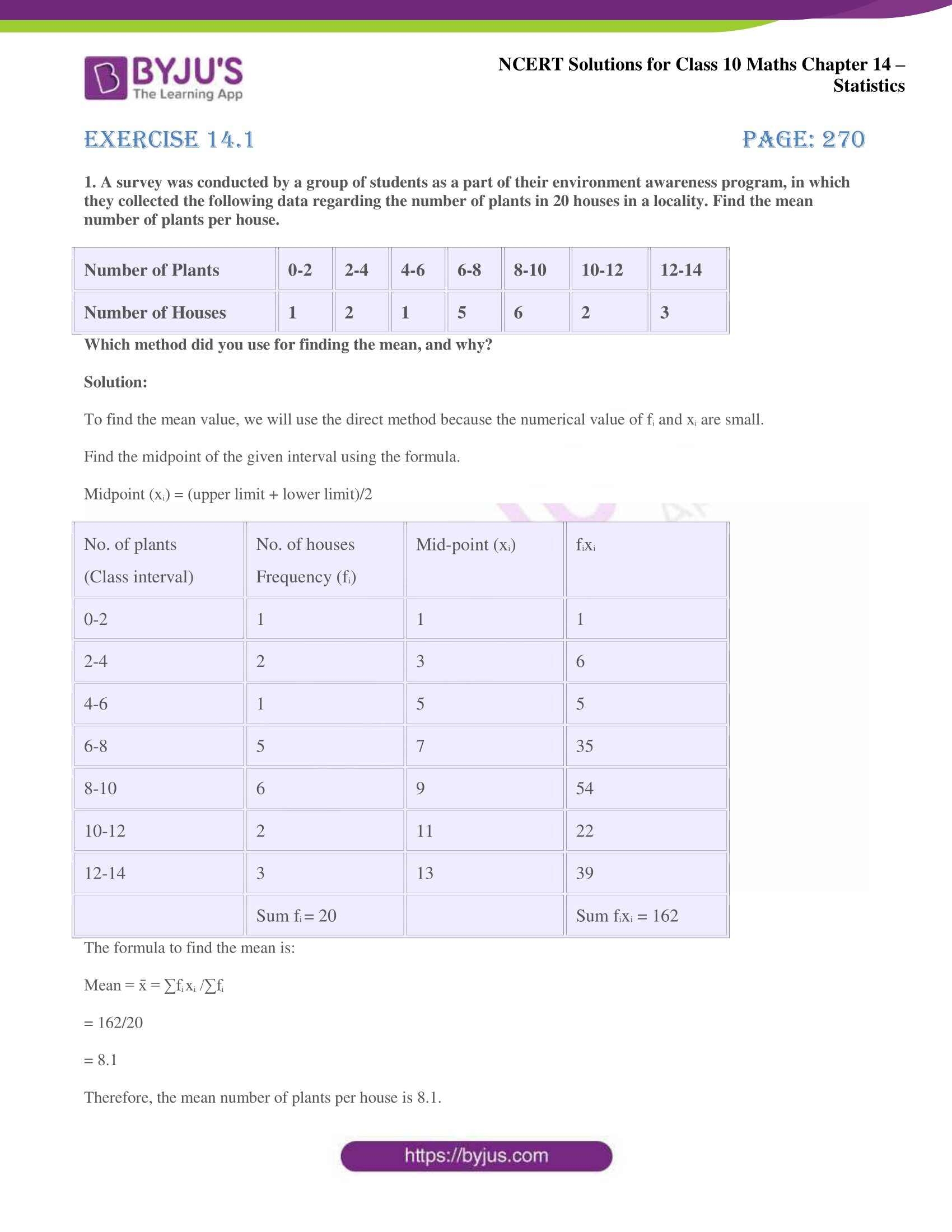 NCERT Solutions Class 10 Maths Chapter 14 Statistics Exercise 14 1