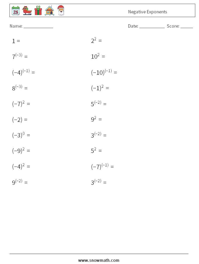 Negative Exponents Math Worksheets Math Practice For Kids 