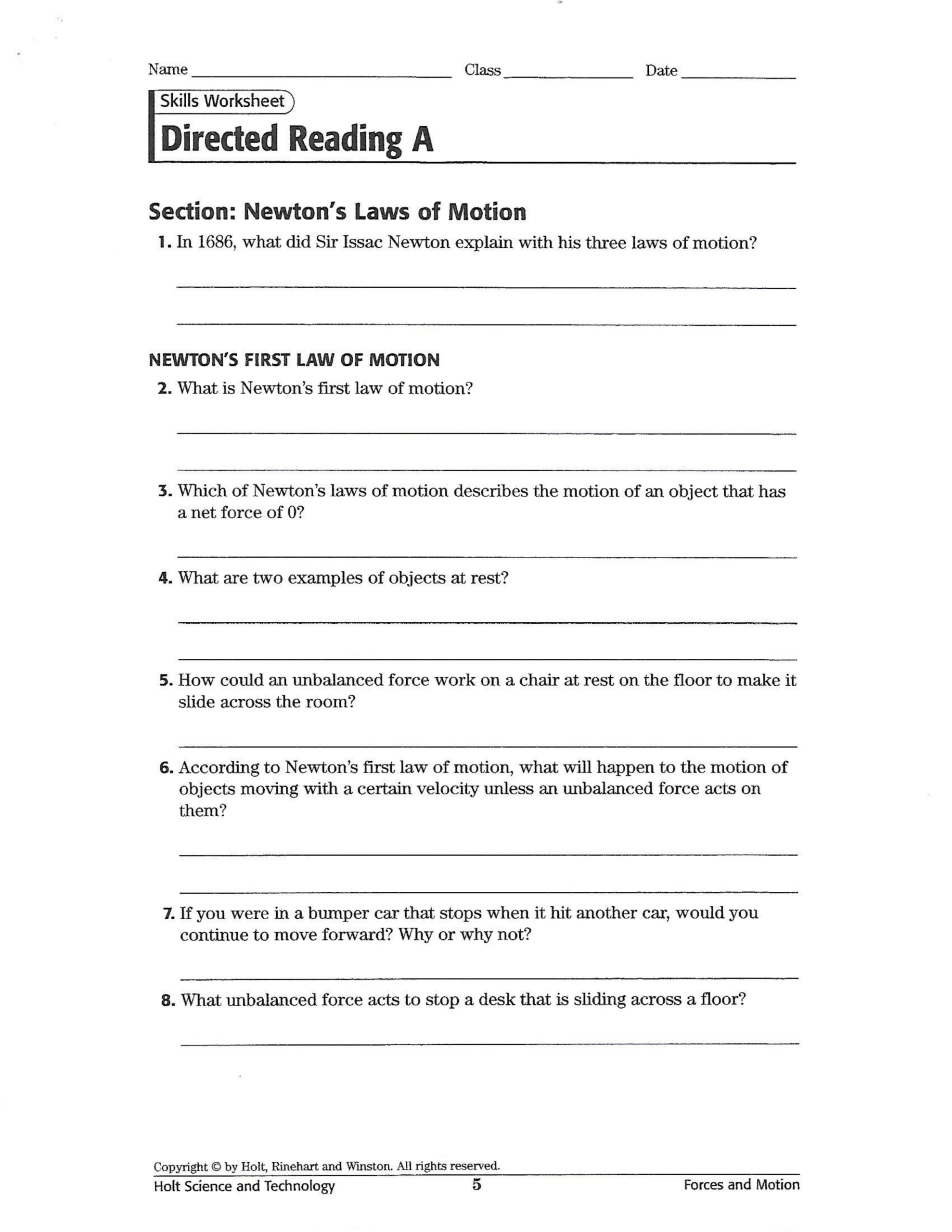 Newton s Laws Of Motion Worksheet Craig Fisher Library Formative