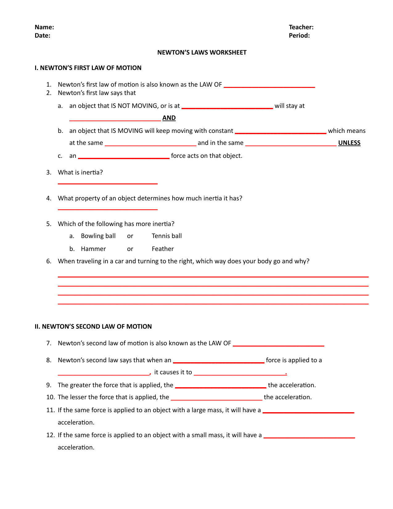 Newton s Laws Worksheet Physics Practice