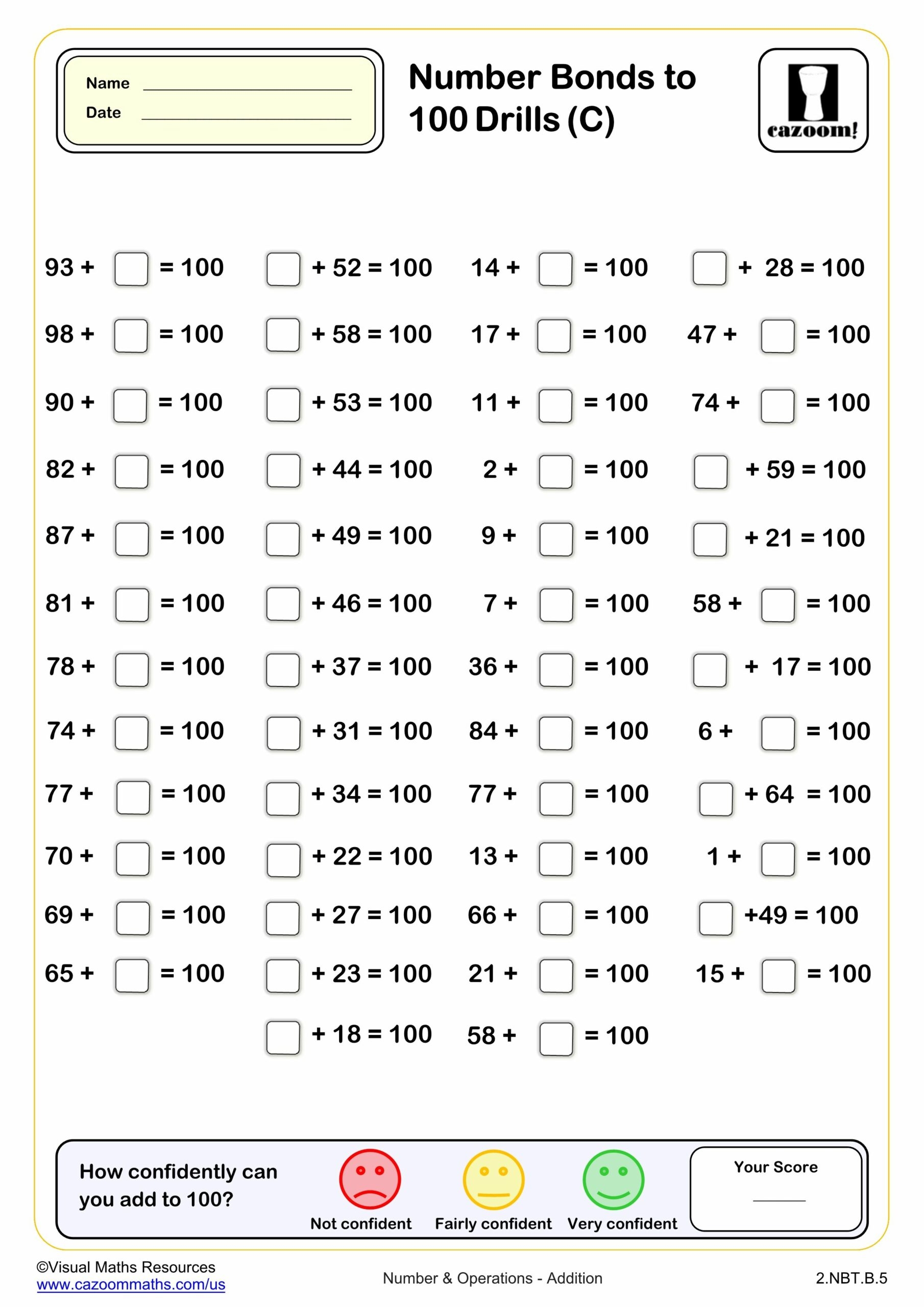 Number Bond To 100 Drills B 50 Questions PDF Printable Addition Worksheets Cazoom Math