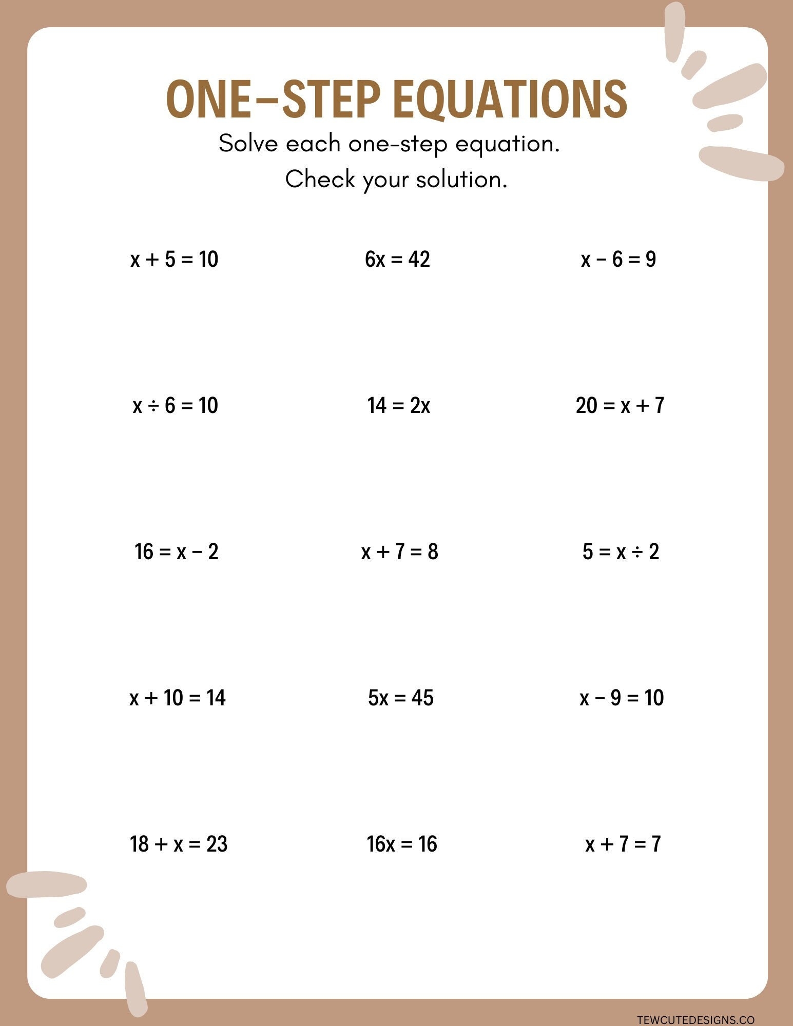 one step equations worksheet pdf