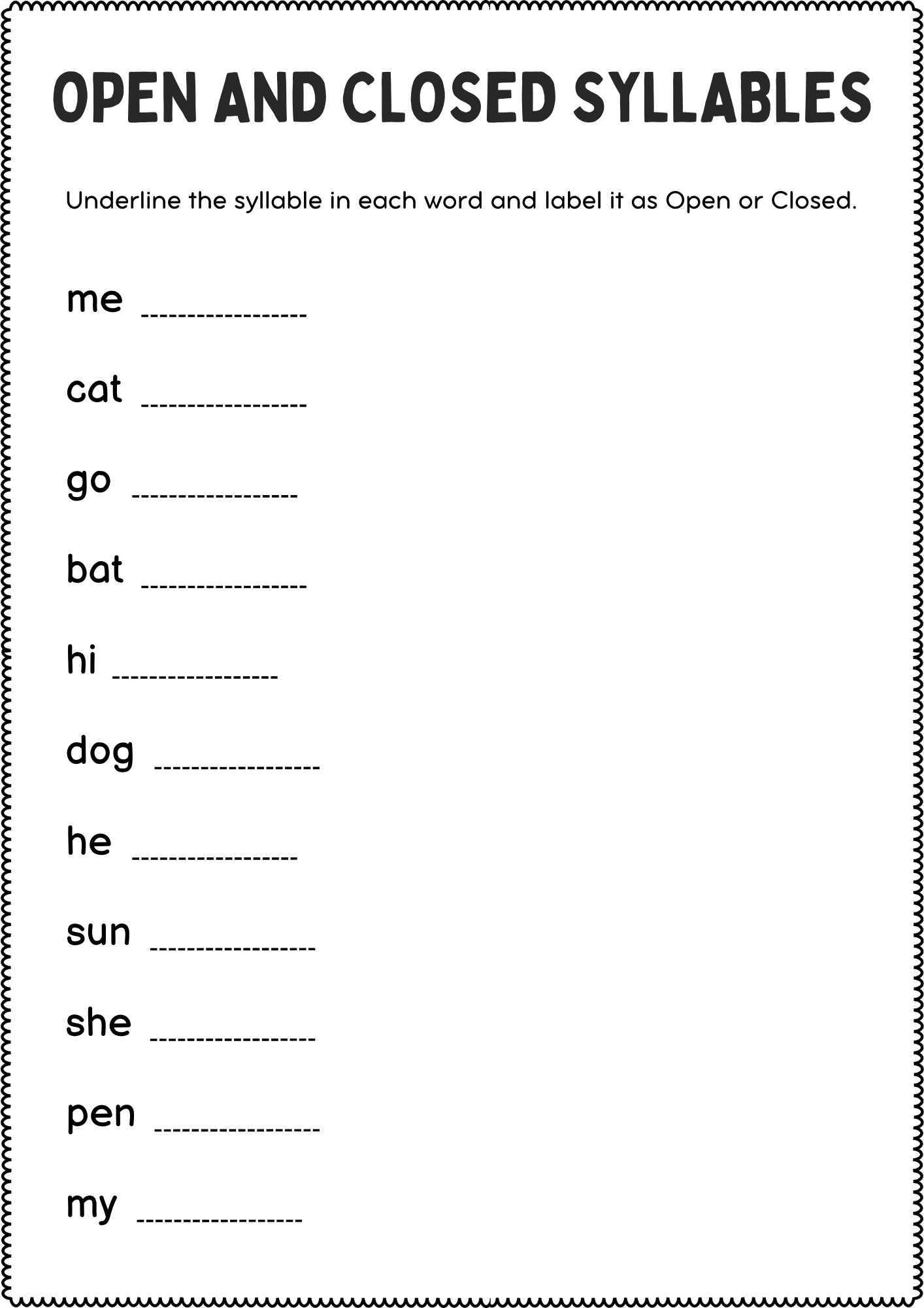 open and closed syllables worksheets