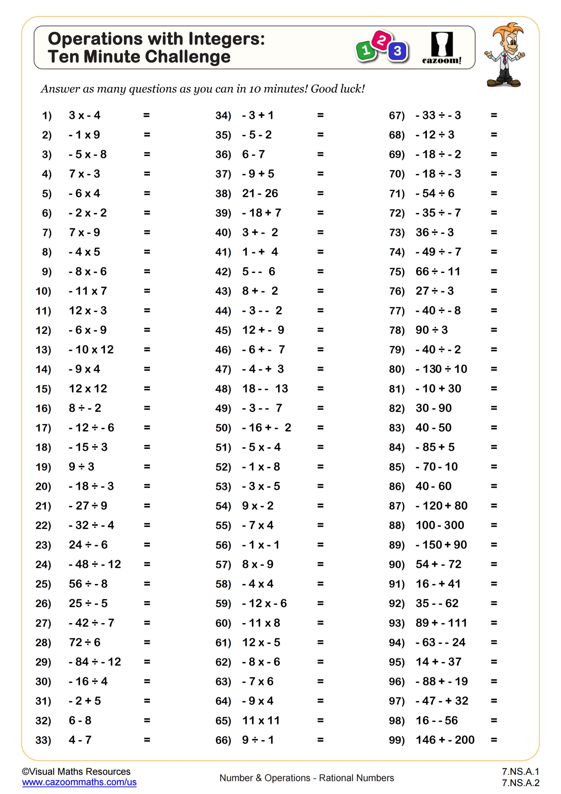 Operations With Integers Ten Minute Challenge Worksheet PDF Printable Number Operations Worksheet Cazoom Math