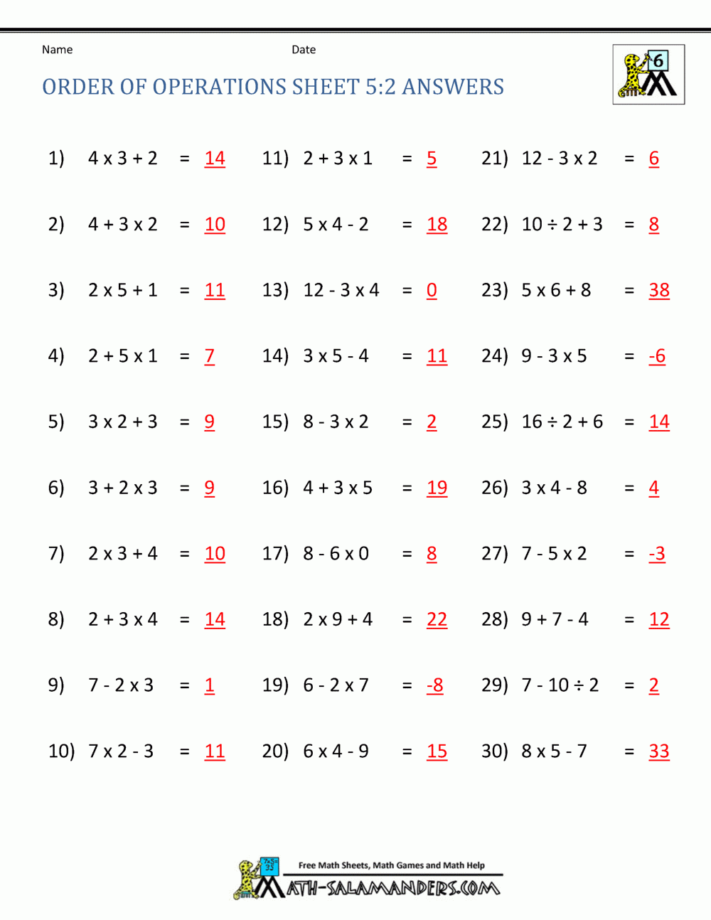 Order Of Operations Sheet 5 2 Answers Order Of Operations Sheet 5 2 Answers