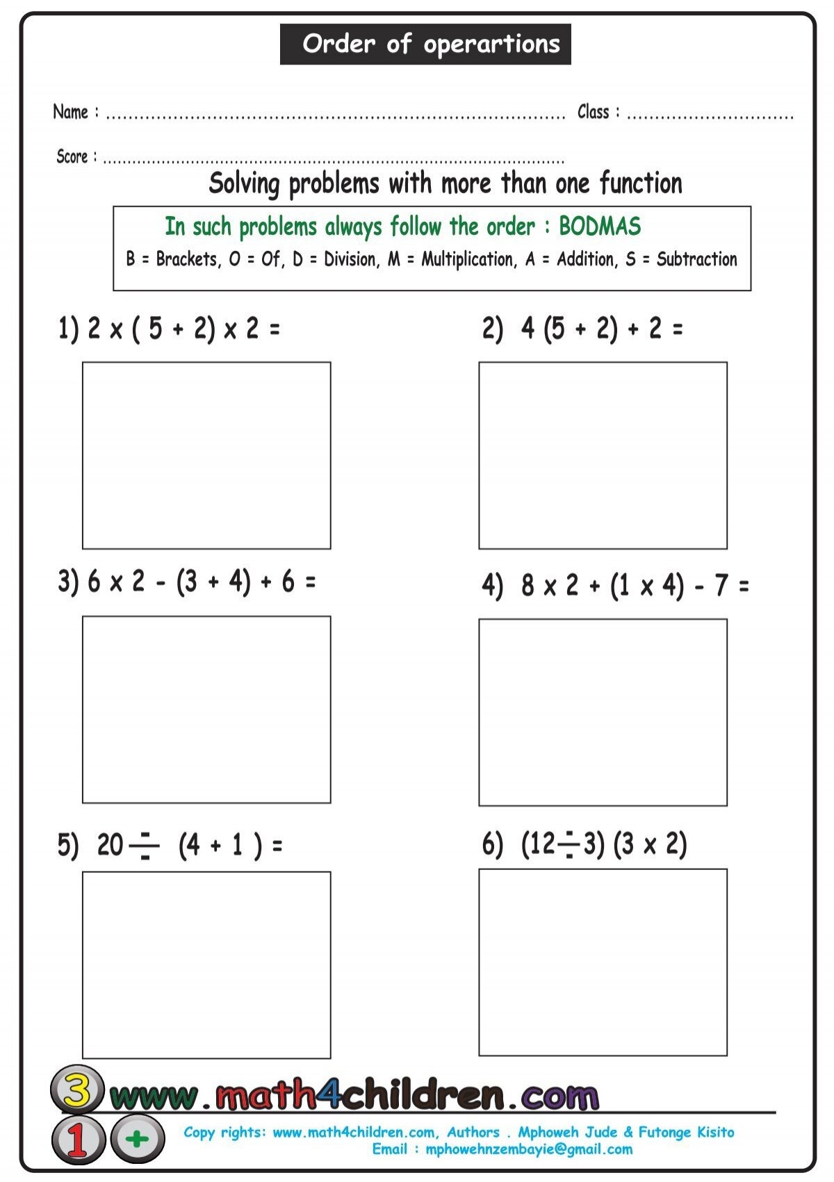 order of operations worksheets pdf