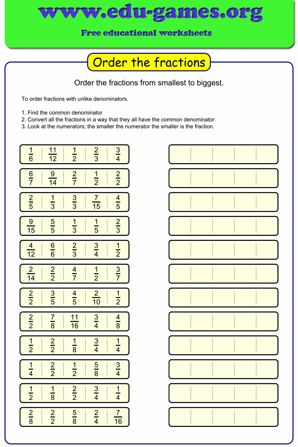 ordering fractions worksheet