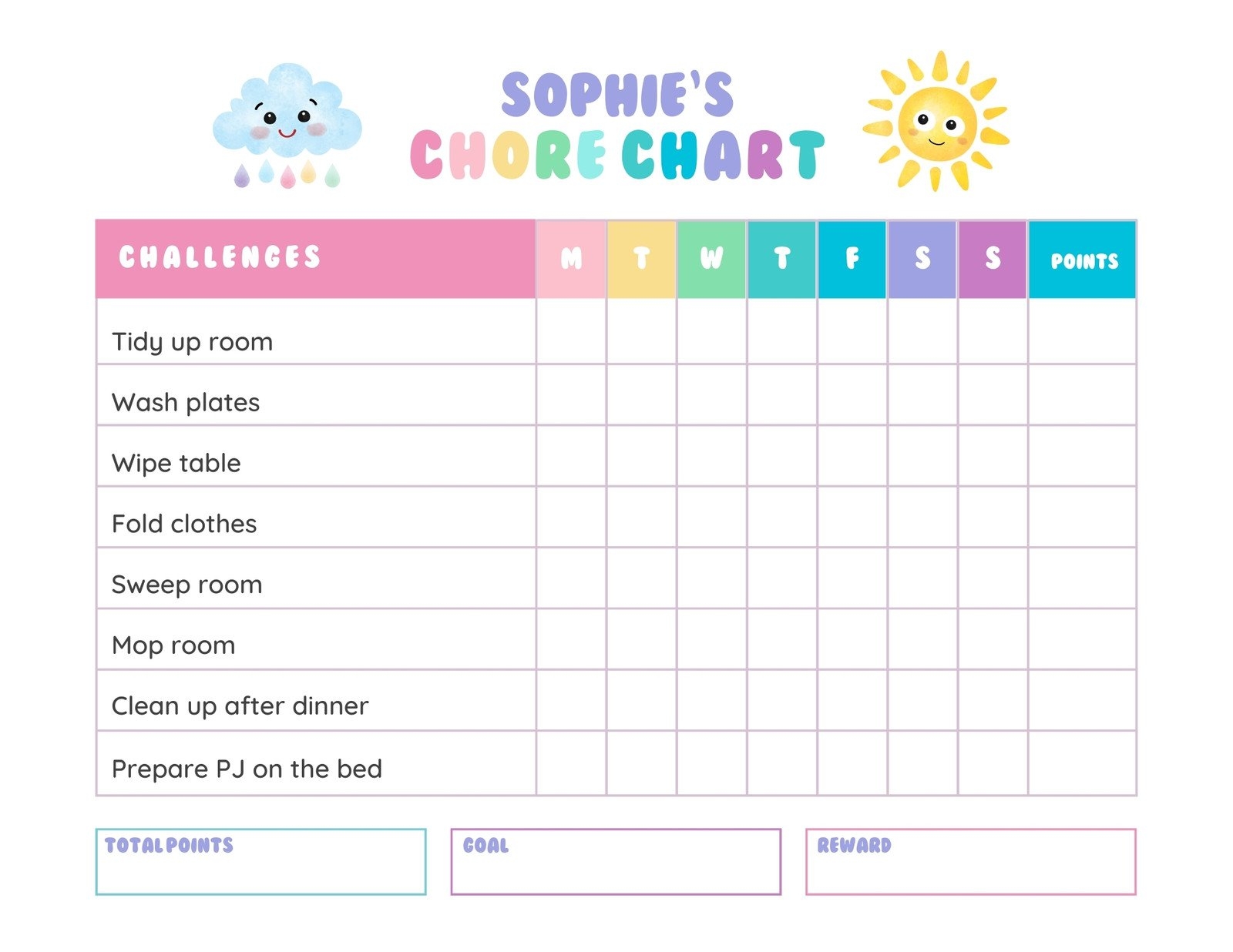printable children's chore chart