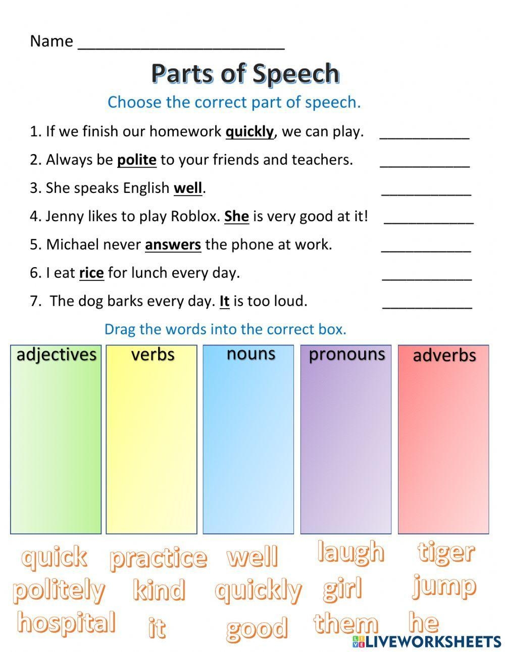 Parts Of Speech Vocabulary Worksheet Worksheets Library