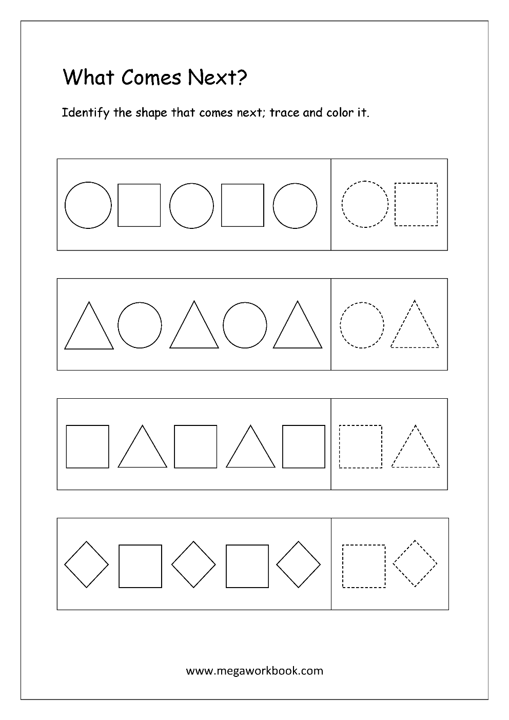 Pattern Identification What Comes Next Worksheets For Preschool Kindergarten MegaWorkbook