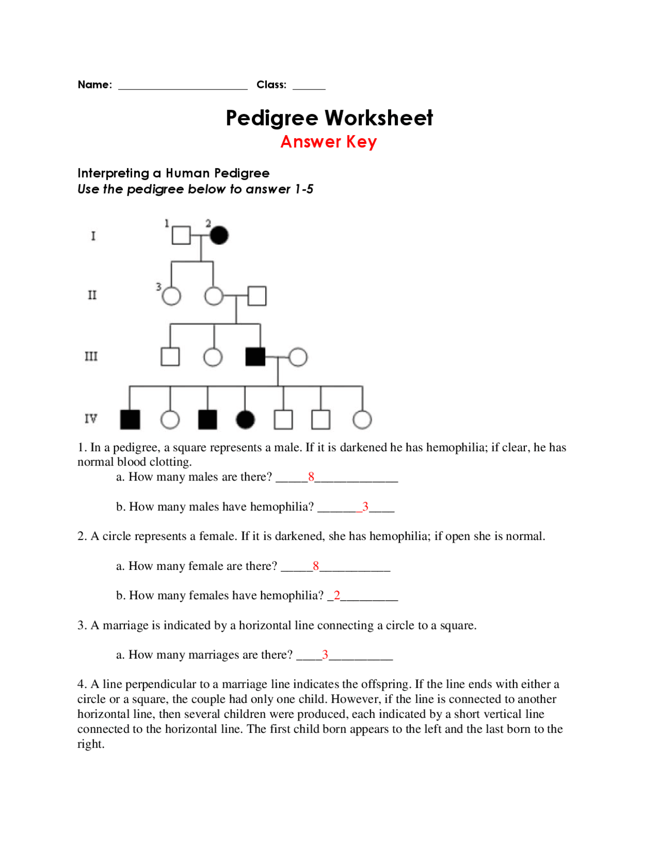 Pedigree Worksheet With Answer Key Exercises Genetics Docsity