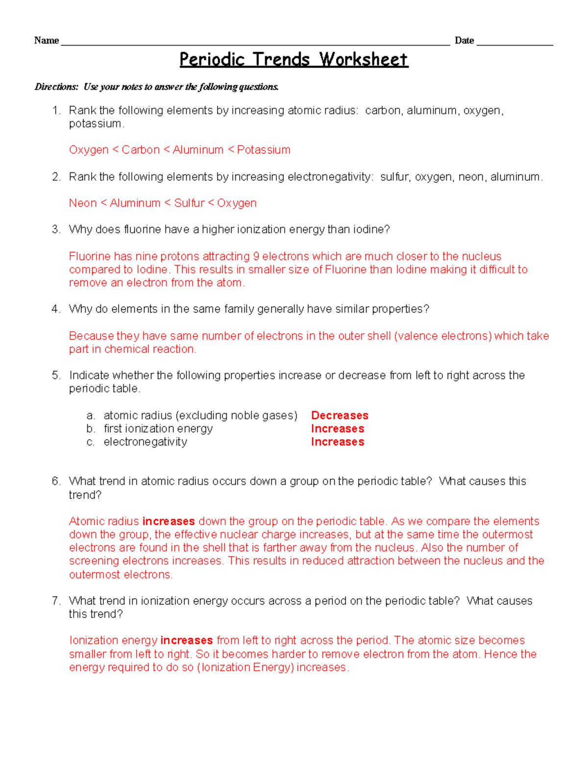 Periodic Trends Worksheet Answer Key 2 Chemistry Class Studocu